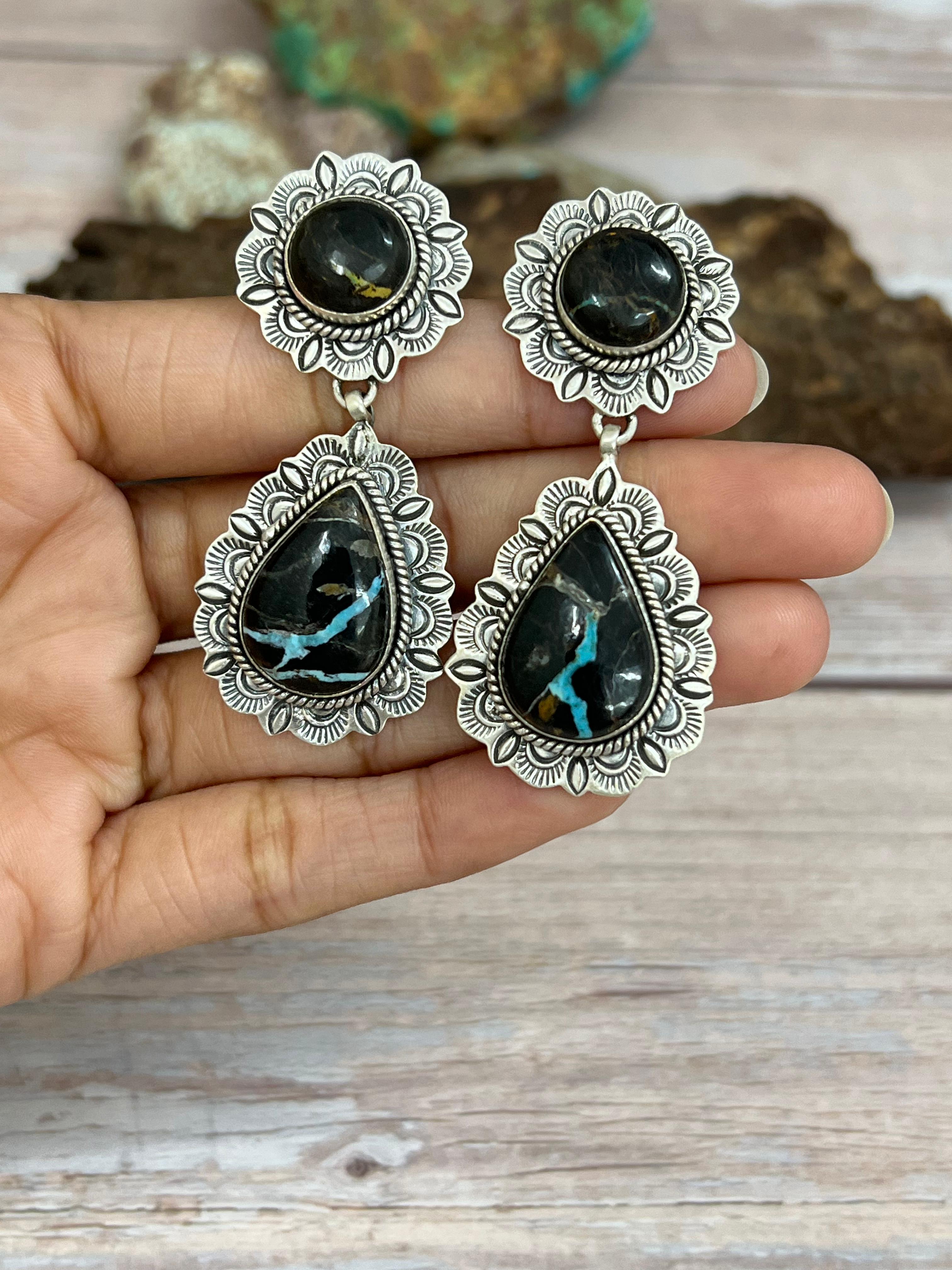 Handmade Sterling Silver Blackjack Turquoise Post Dangle Earrings with Signed Nizhoni