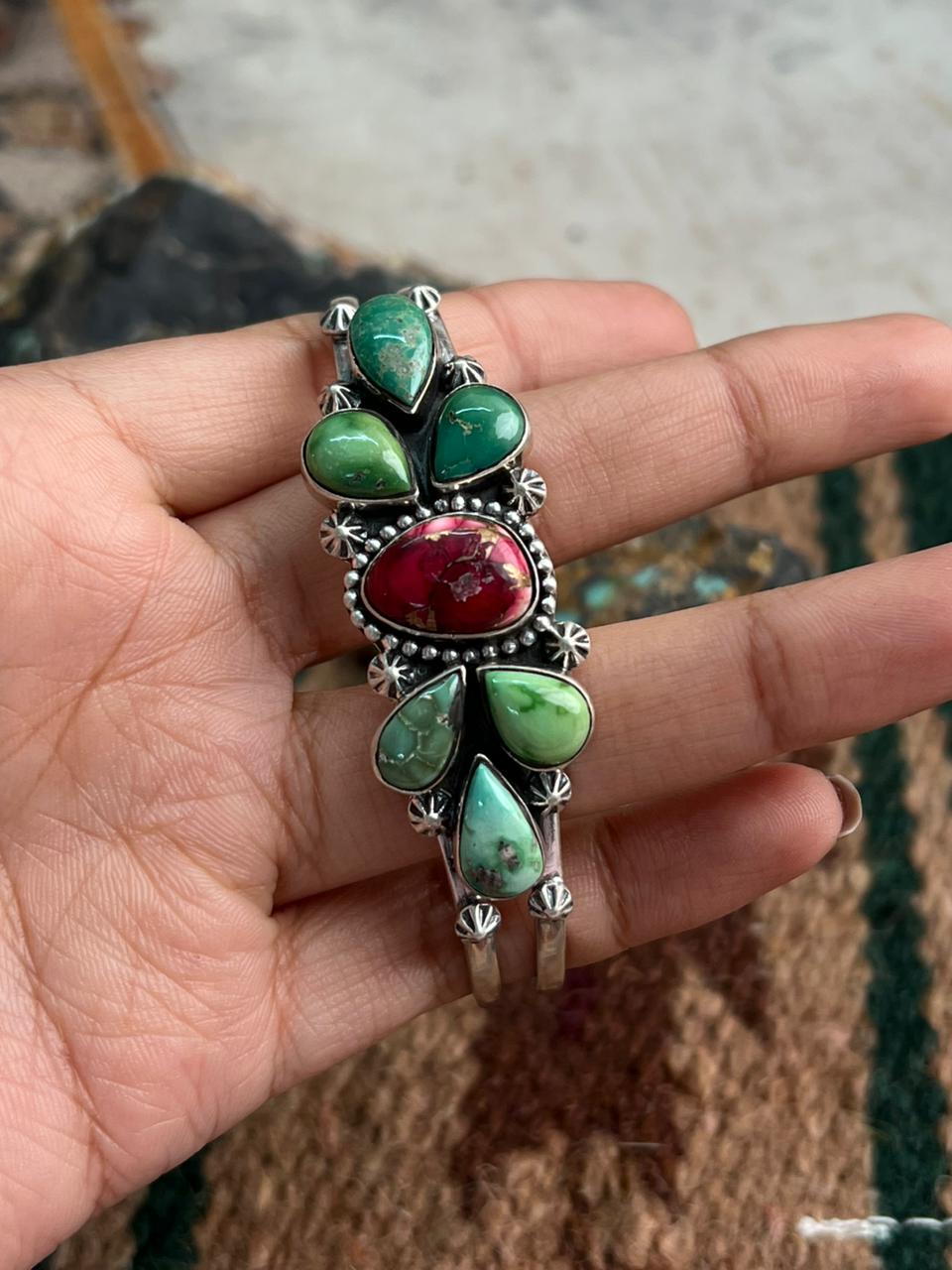 Handmade Sterling Silver Dahlia Rose with Emerald Valley Turquoise Cuff Bracelet "Signed Nizhoni"