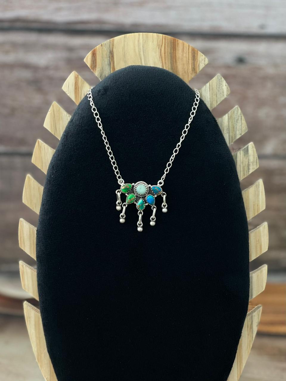 Handmade Sterling Silver Peacock Dahlia with Palomino Necklace "Signed Nizhoni" (8)