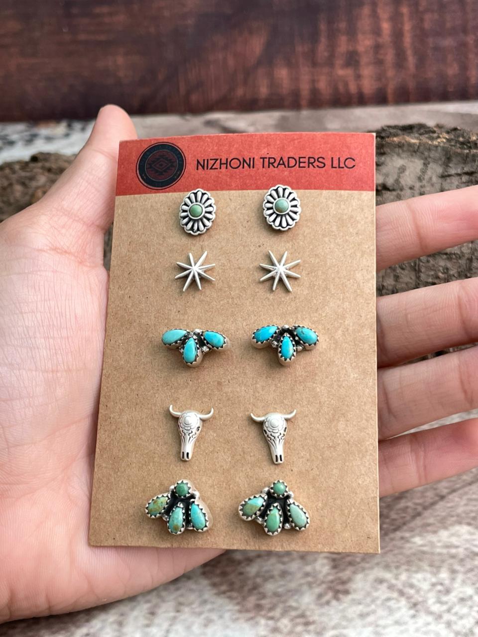 Handmade Sterling Silver Kingman Turquoise Post Studs Cards "Signed Nizhoni"
