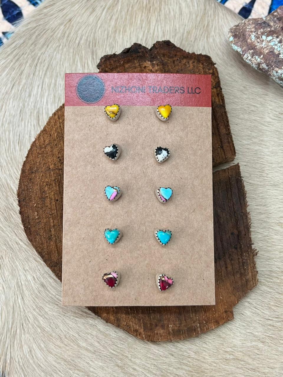Handmade Sterling Silver Multi Stone Heart Shape Studs Earrings Set