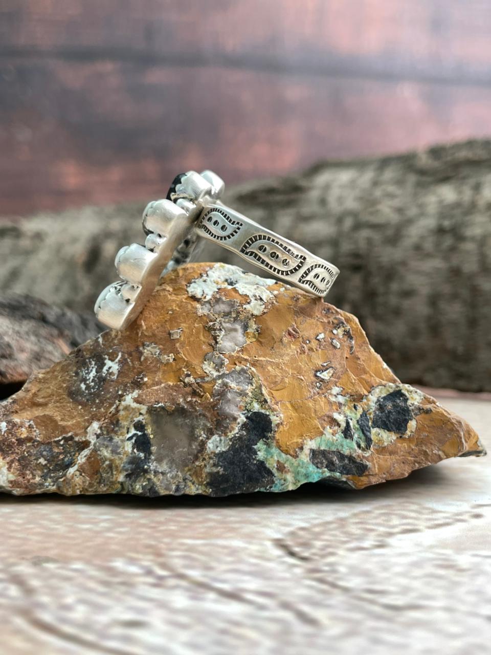 Handmade Sterling Silver White Buffalo Adjustable Ring "Signed Nizhoni"