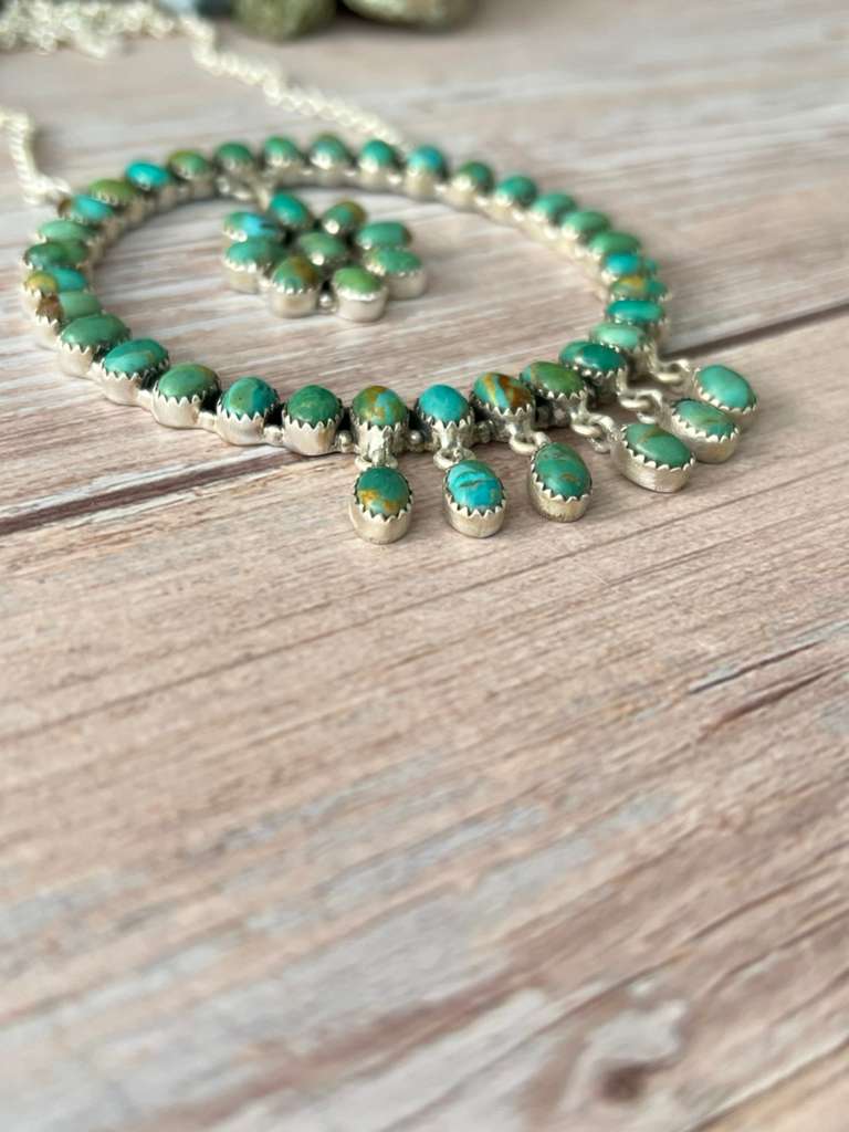 Handmade Sterling Silver Kingman Turquoise Necklace with Signed Nizhoni