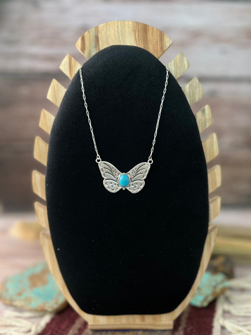 Handmade Sterling Silver Blue Turquoise Butterfly Necklace "Signed Nizhoni"