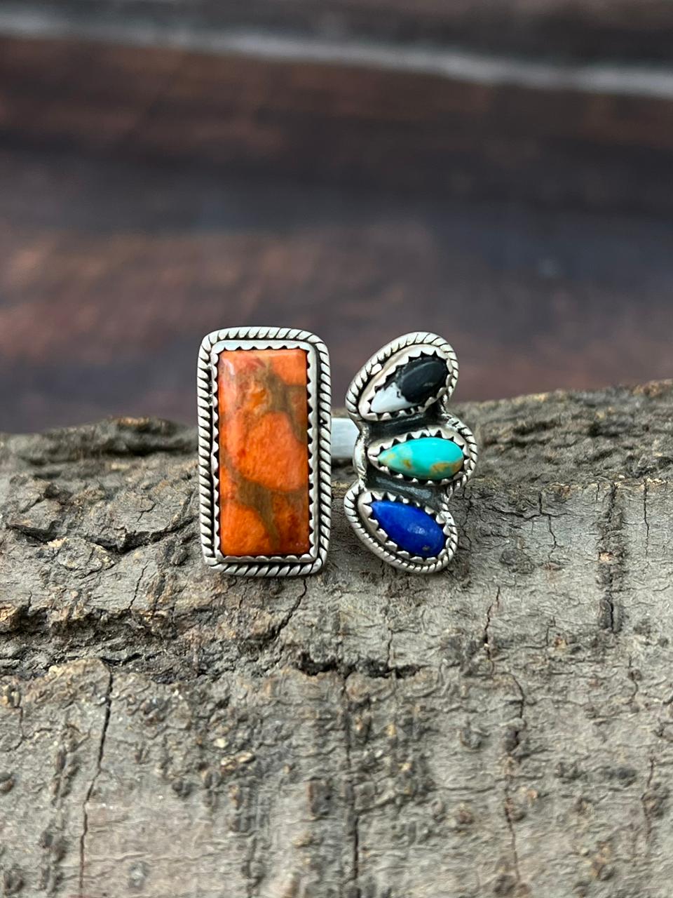 Handmade Sterling Silver Orange Mohave with White Buffalo, Kingman, Lapis Adjustable Ring "Signed Nizhoni"