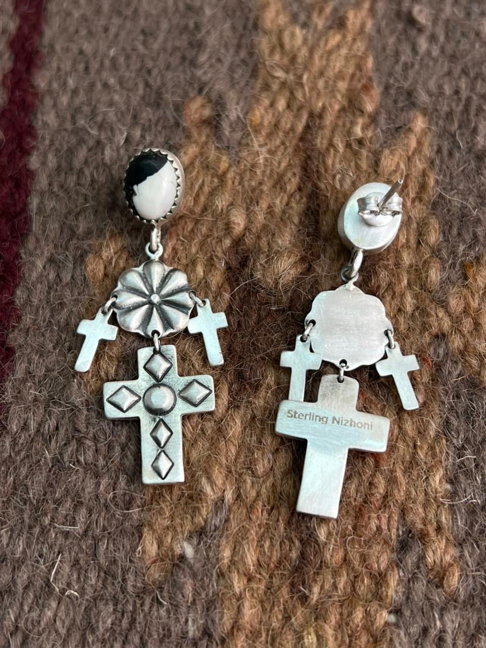 Handmade Sterling Silver White Buffalo Post Earrings "Signed Nizhoni"