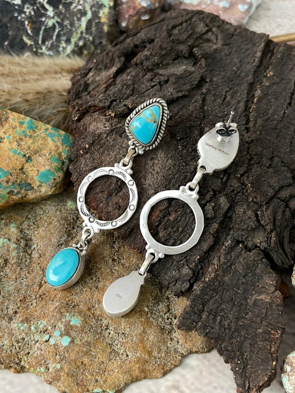 Handmade Sterling Silver Santa Maria Turquoise Post Dangle Earrings "Signed Nizhoni"