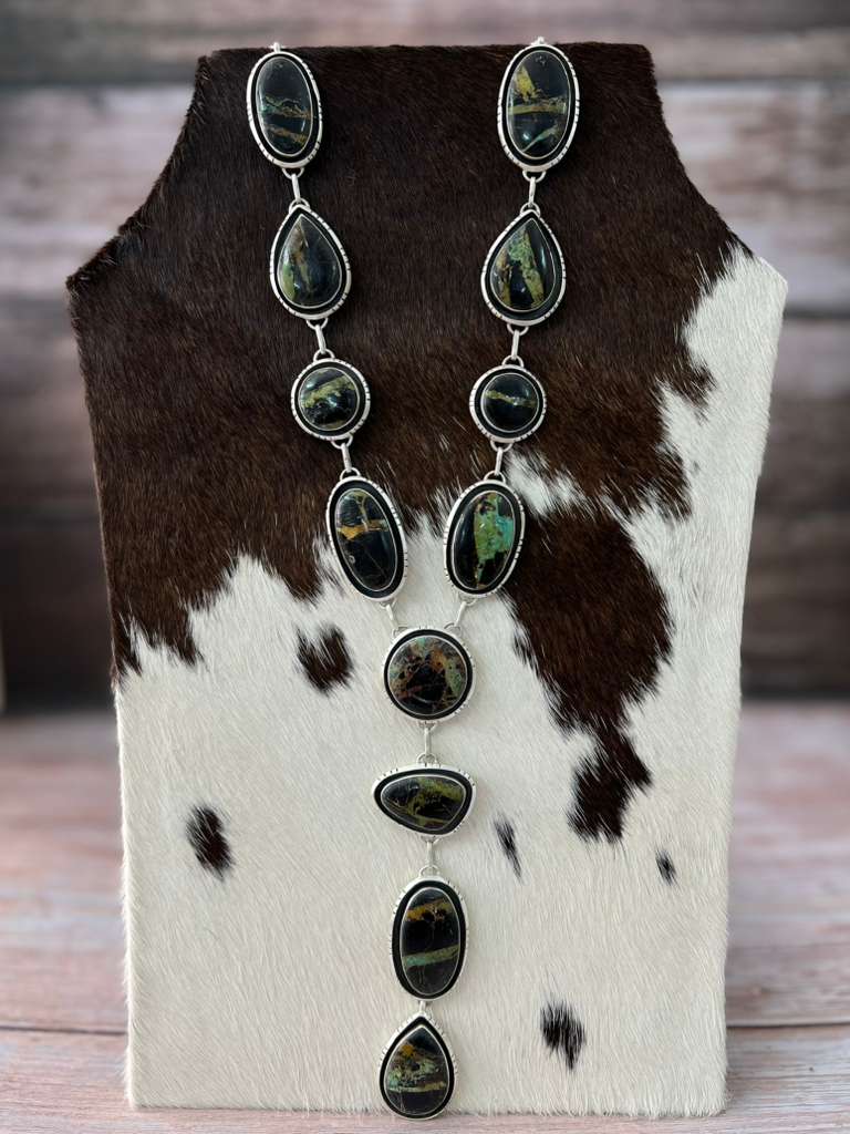 Handmade Sterling Silver Blackjack Turquoise Necklace with Signed Nizhoni