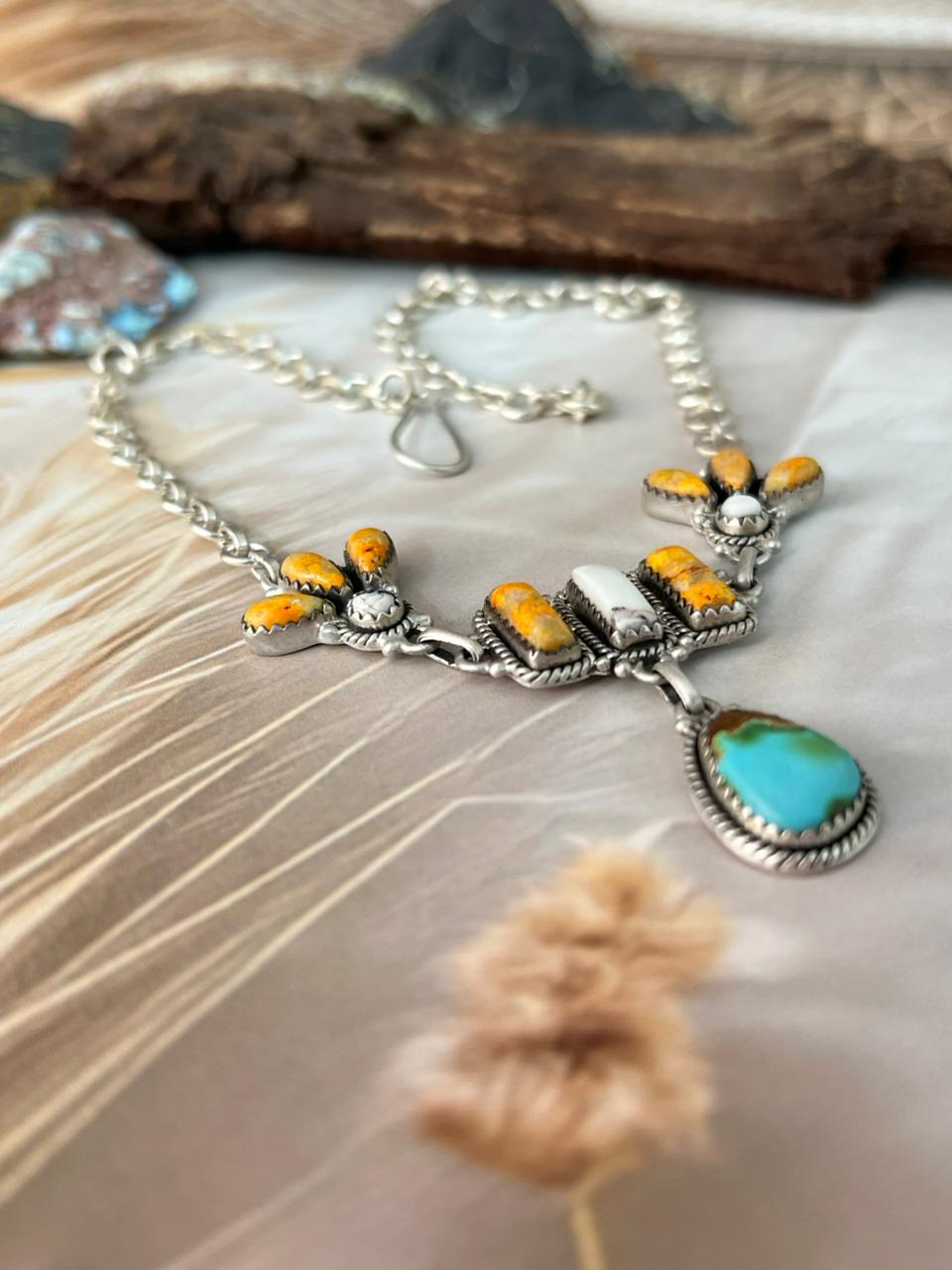 Handmade Sterling Silver Spring Collection: White Buffalo with Bumblebee & Sonoran Mountain Turquoise Necklace "Signed Nizhoni"