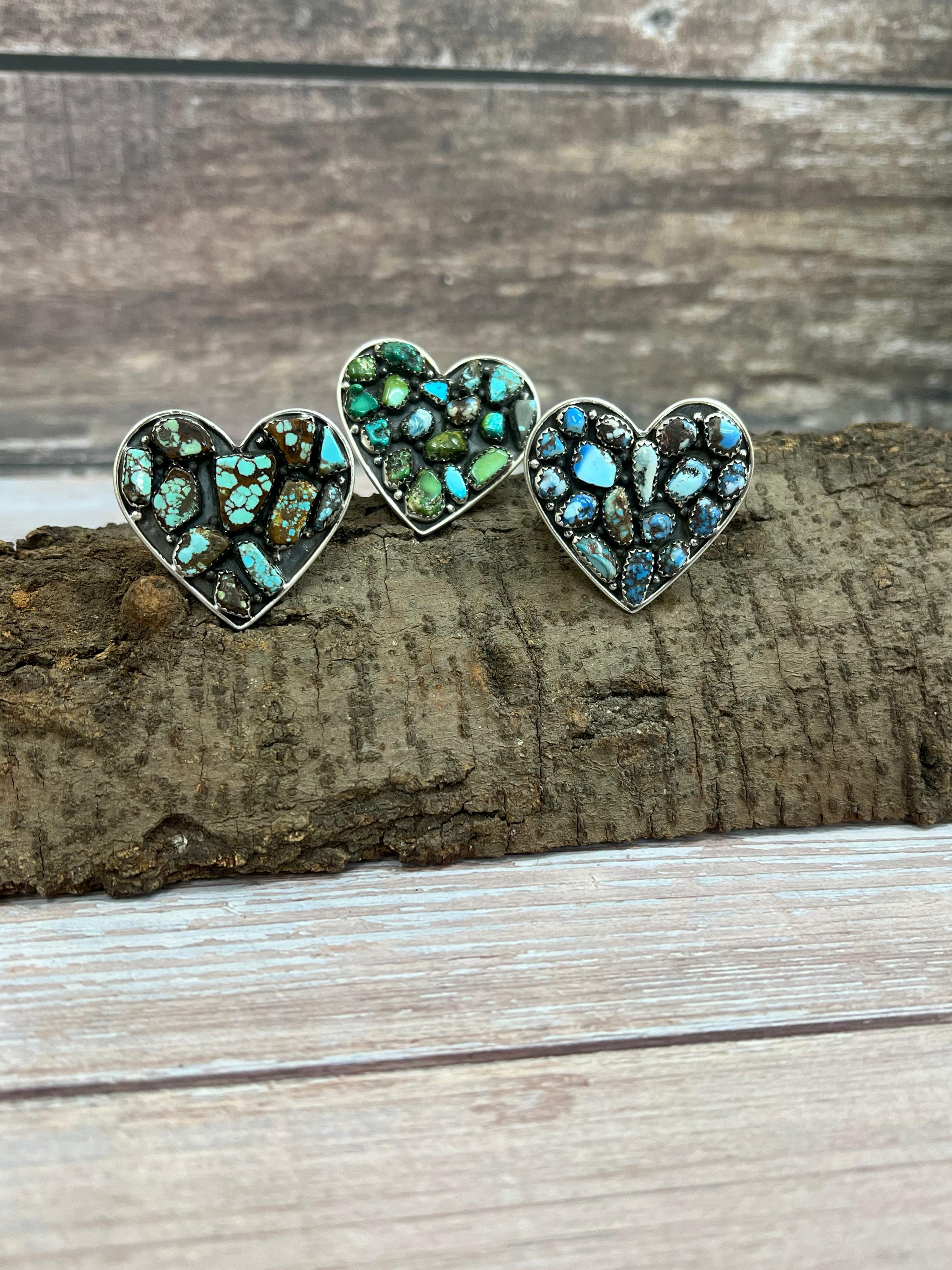 Handmade Sterling Silver Golden Hills, Number 8, Sonoran Mountain Turquoise Heart Adjustable Ring with Signed Nizhoni