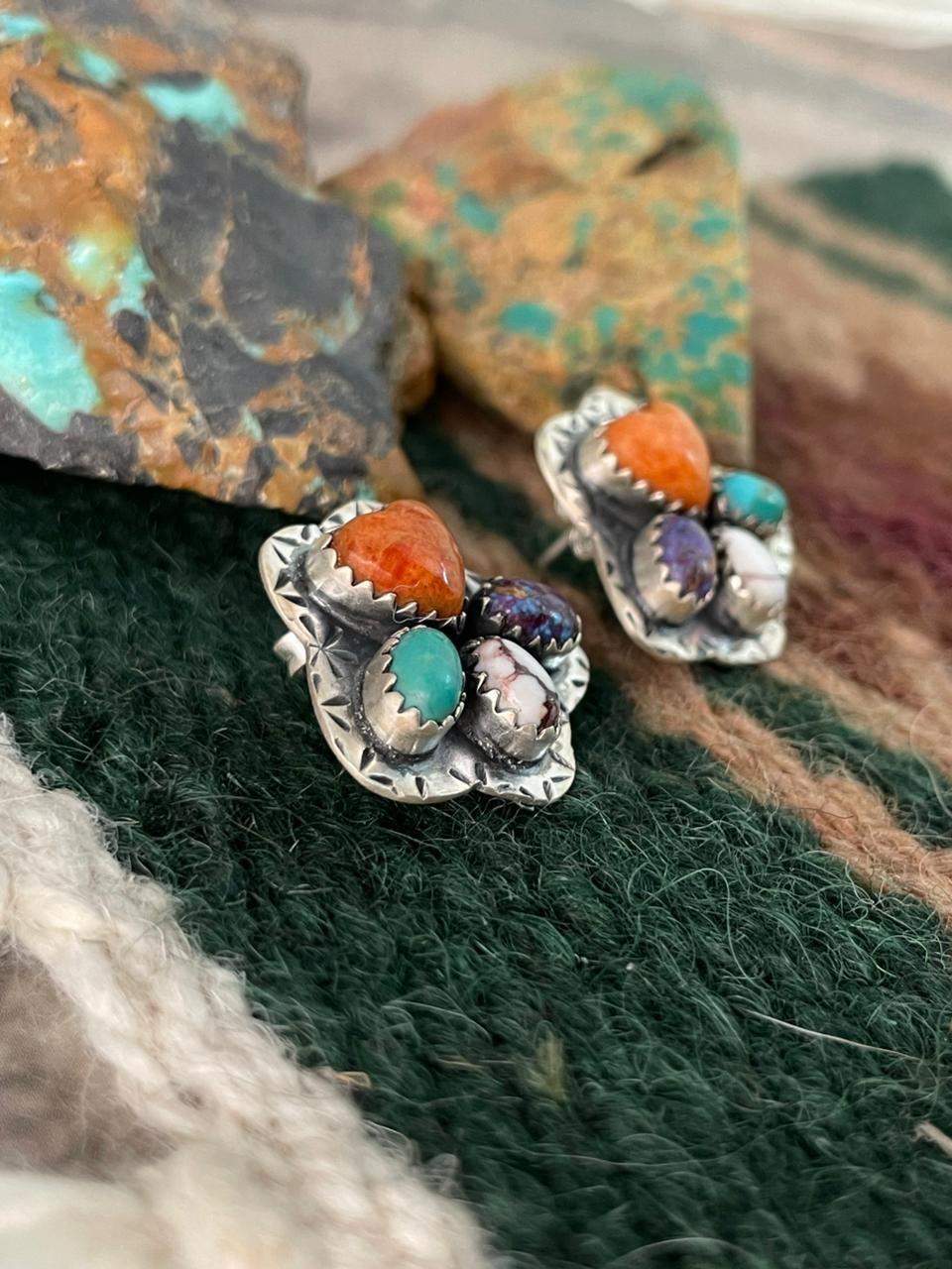 Handmade Sterling Silver Multi Stone Post Stud Earrings "Signed Nizhoni"