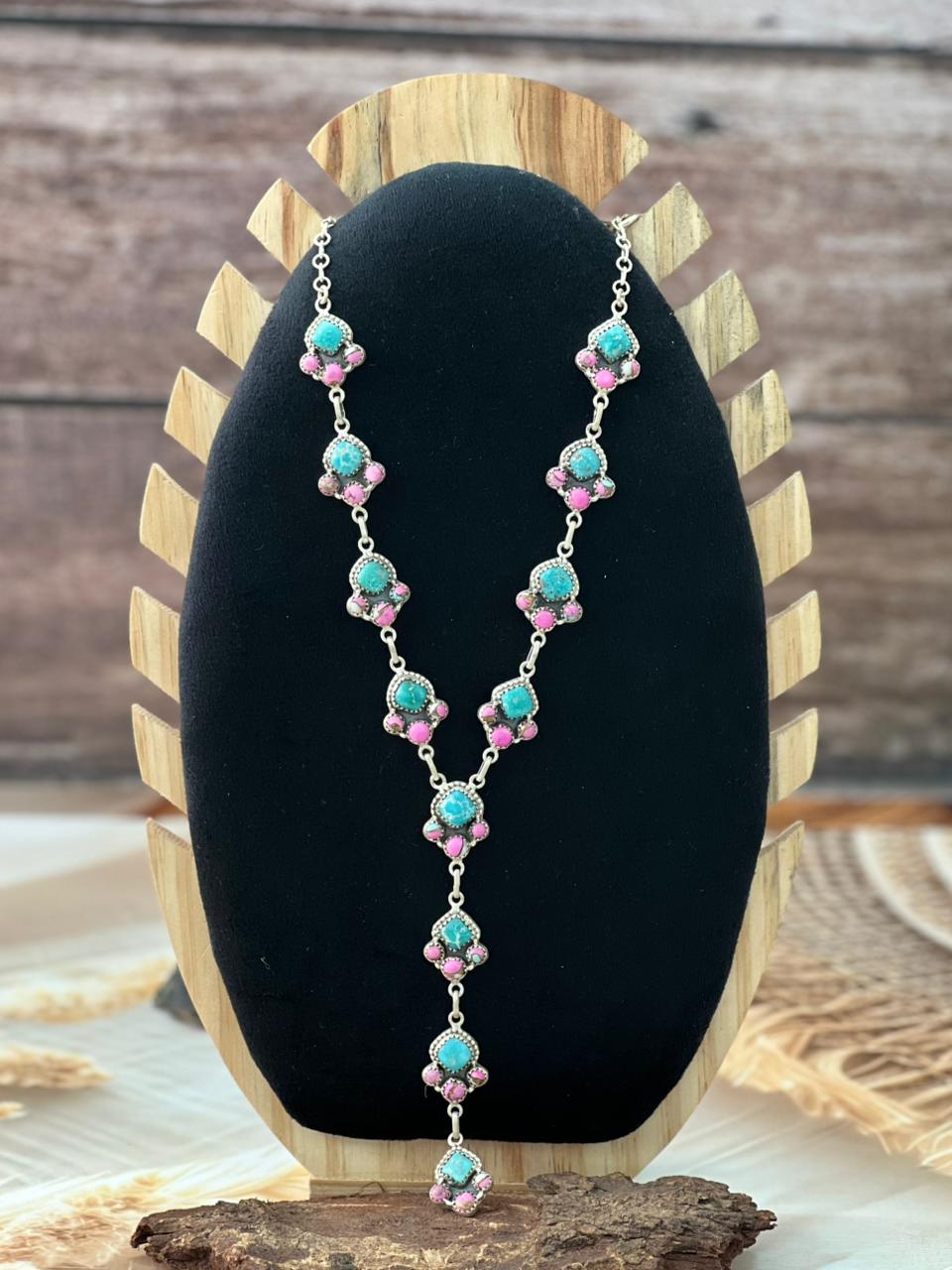 Handmade Sterling Silver White Water Turquoise with Cotton Candy Necklace "Signed Nizhoni"