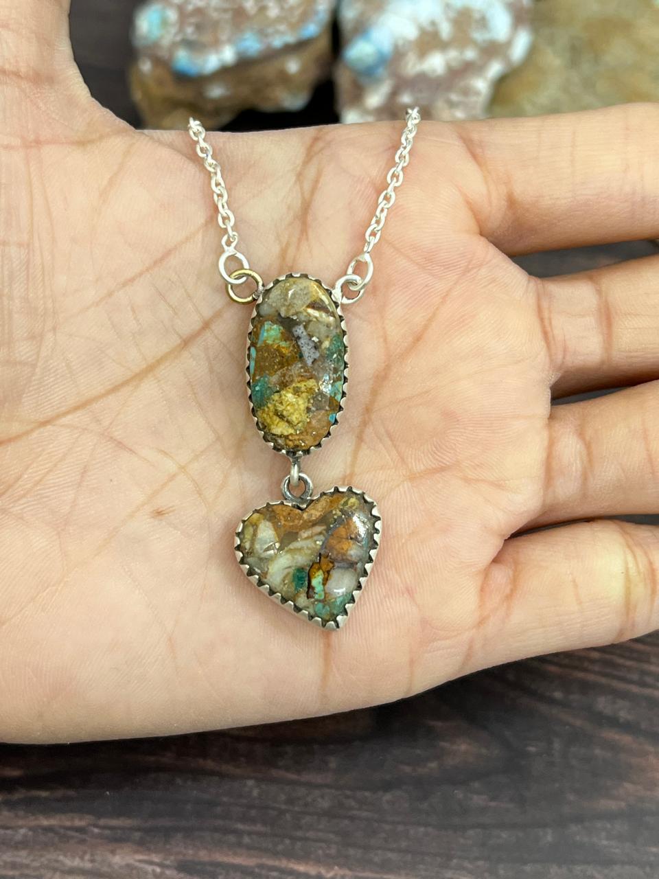 Handmade Sterling Silver Royston Turquoise Heart Necklace with Signed Nizhoni