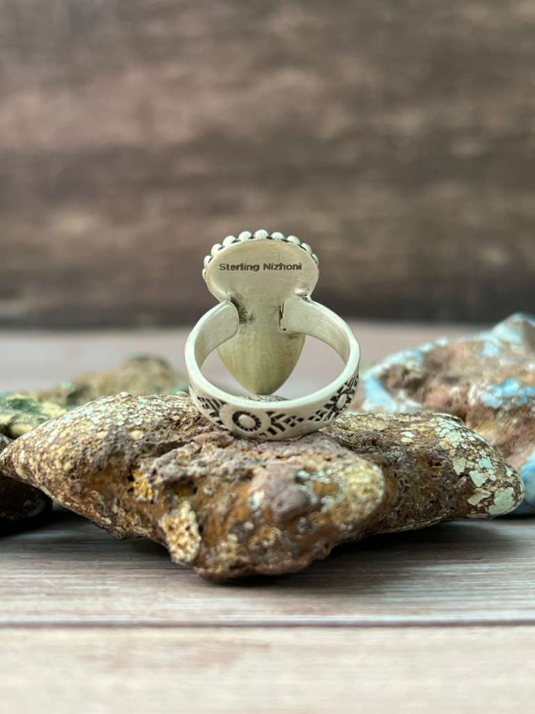 Handmade Sterling Silver Sonoran Mountain Turquoise with White Water Adjustable Ring "Signed Nizhoni"