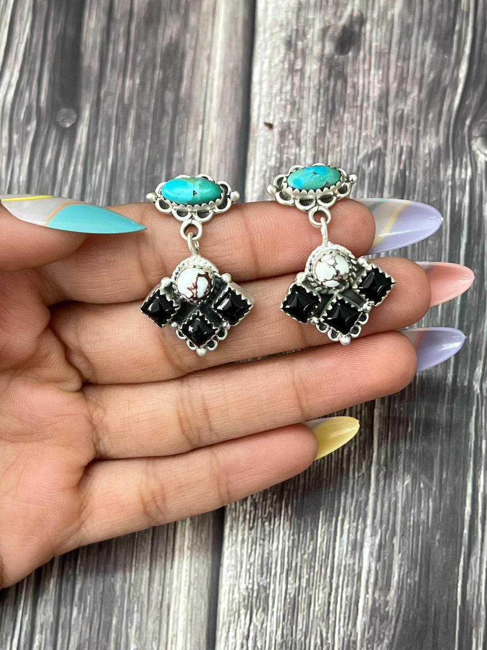 Handmade Sterling Silver Kingman with Wildhorse, Black Onyx  Post Dangle Earrings Set "Signed Nizhoni"