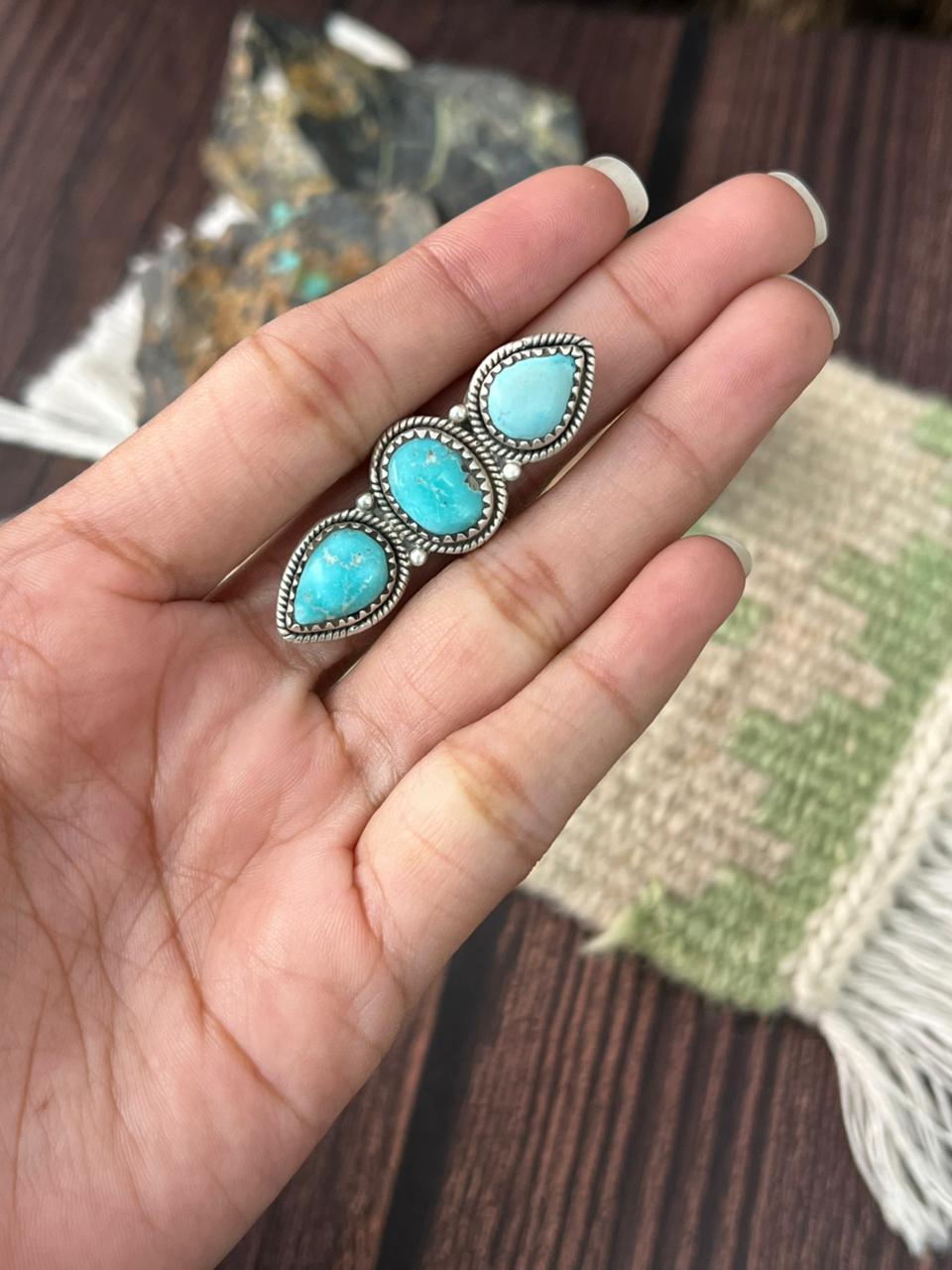 Handmade Sterling Silver White Water Turquoise Adjustable Ring "Signed Nizhoni"