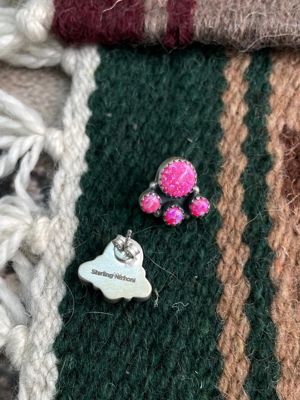 Handmade Sterling Silver Hot Pink Post Studs Earrings "Signed Nizhoni"