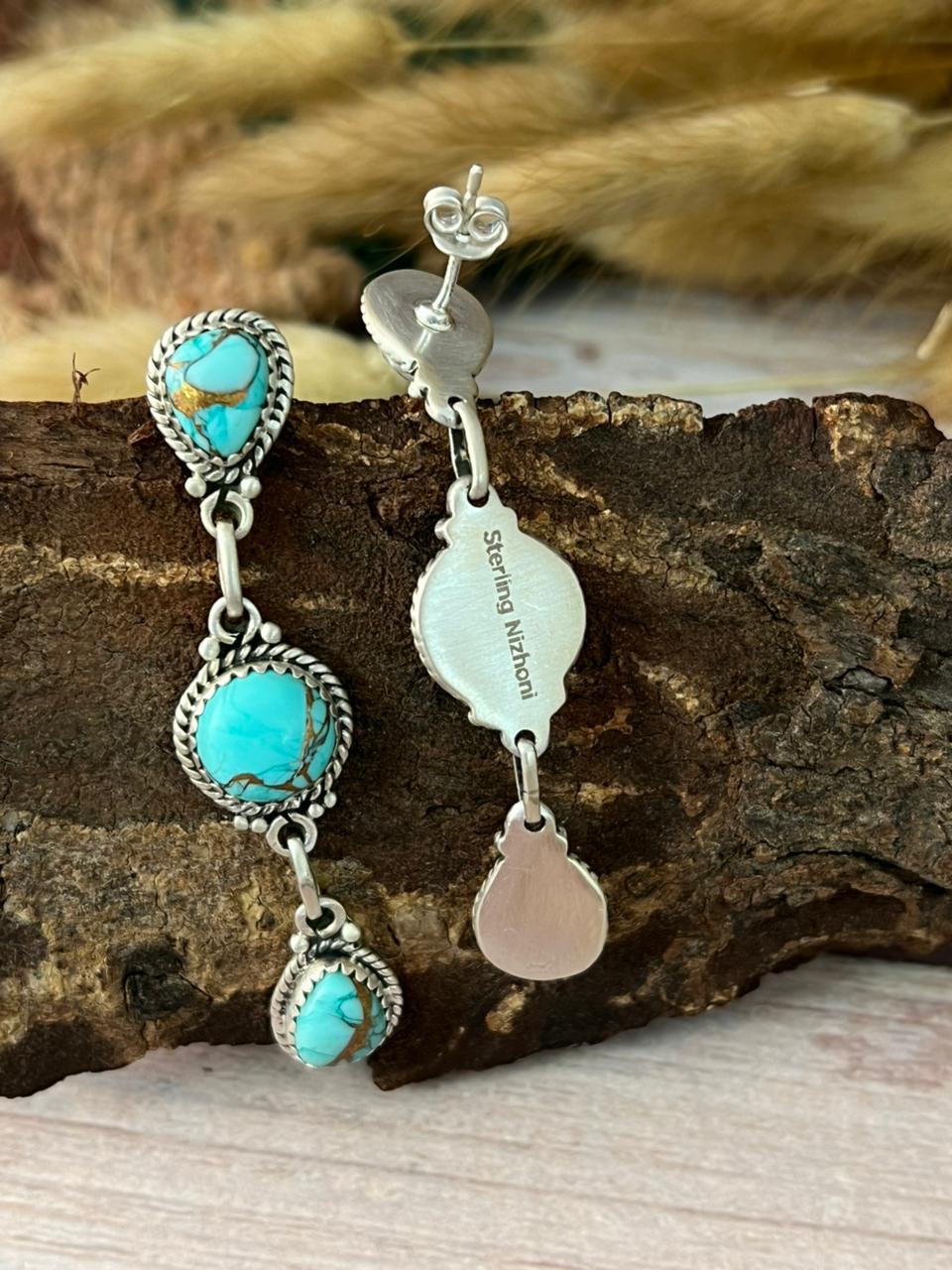 Handmade Sterling Silver Mint Dahlia Collection: Post Dangle Earrings "Signed Nizhoni"