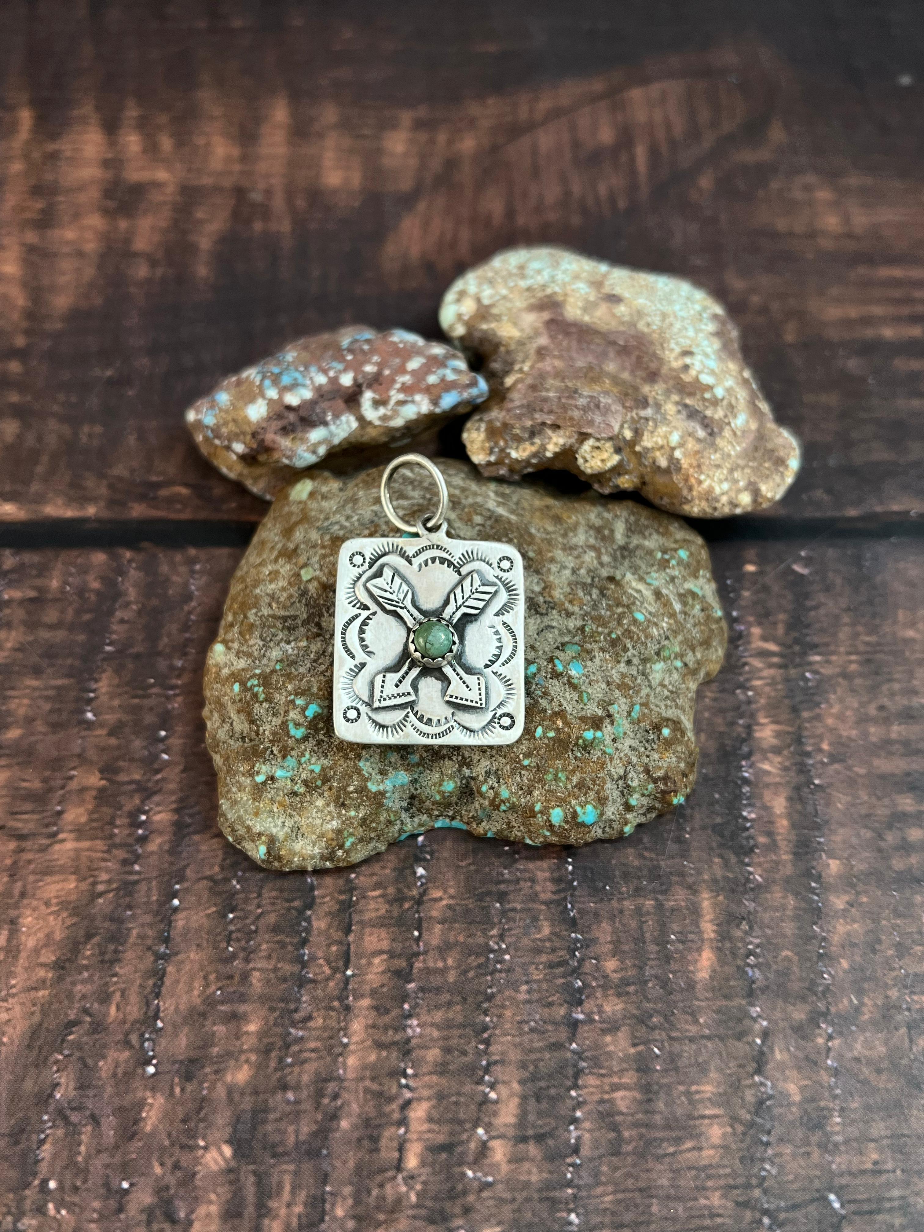 Handmade Sterling Silver Kingman Turquoise Pendant with Signed Nizhoni