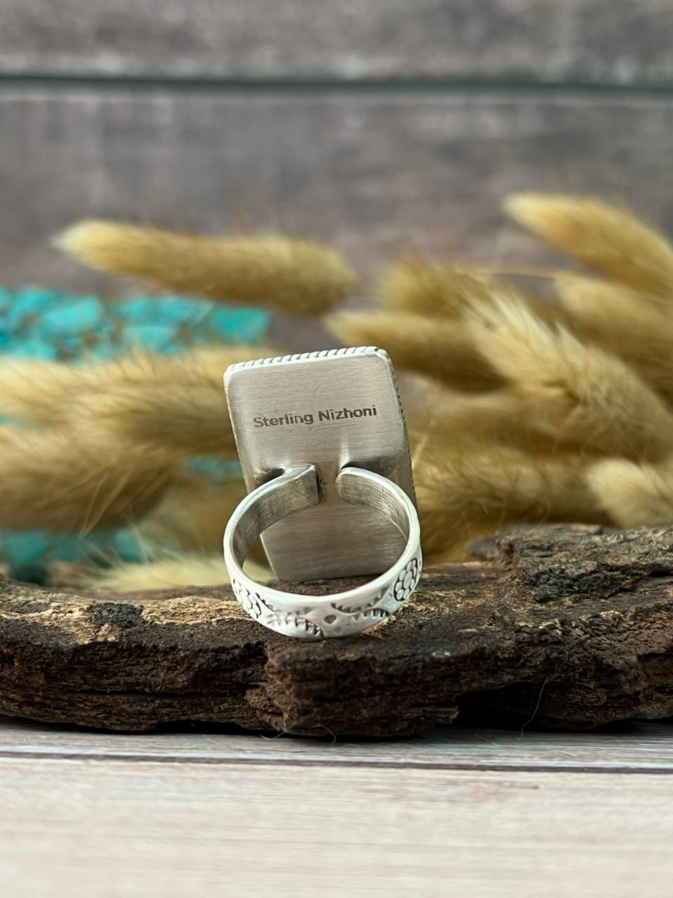 Handmade Sterling Silver Mint Dahlia Collection: Adjustable Bar Ring "Signed Nizhoni"