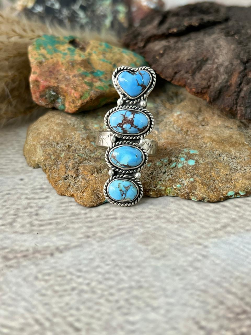 Handmade Sterling Silver Golden Hills Turquoise Adjustable Ring "Signed Nizhoni"