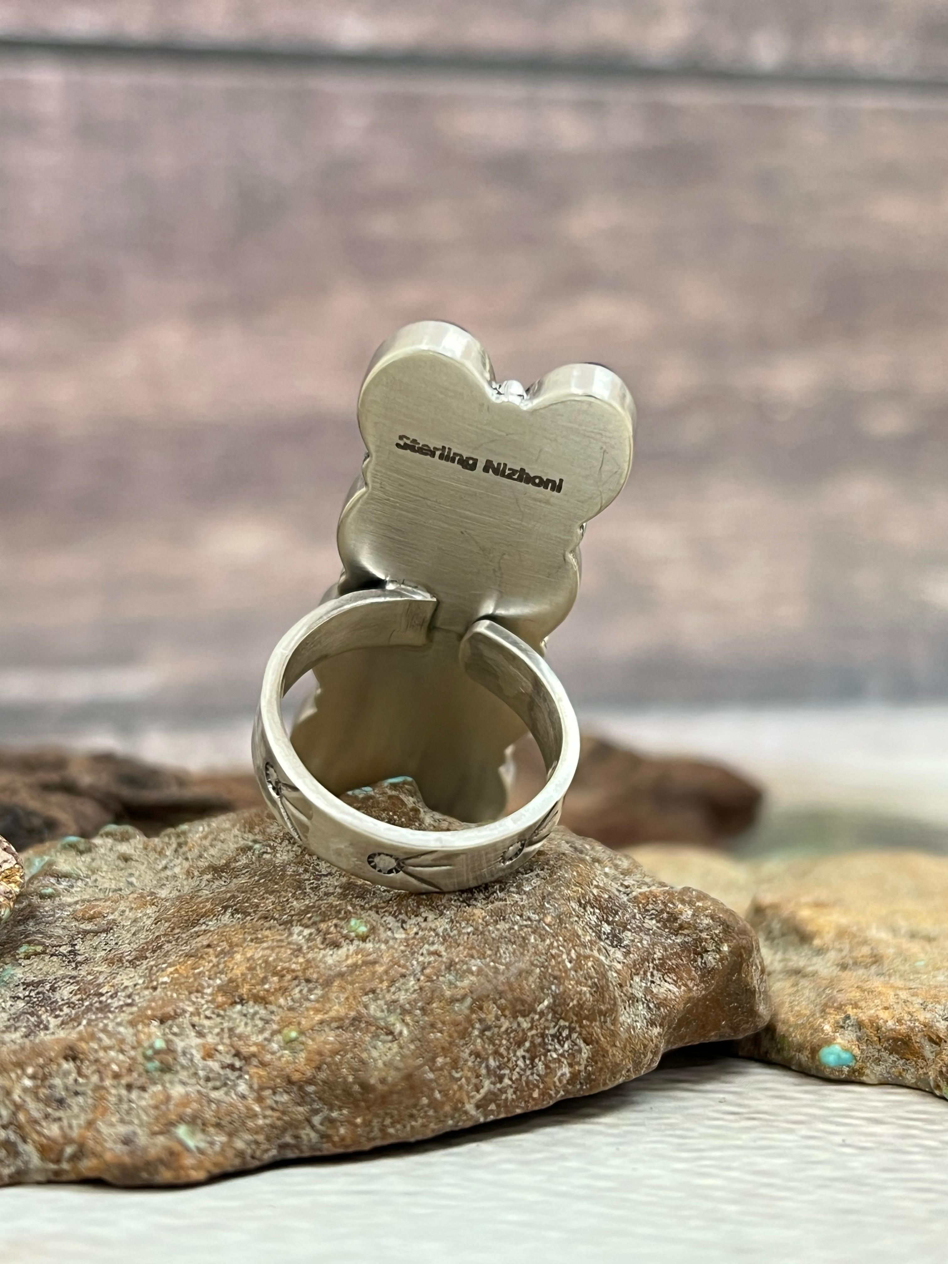 Handmade Sterling Silver Blackjack Turquoise Adjustable Ring Signed Nizhoni