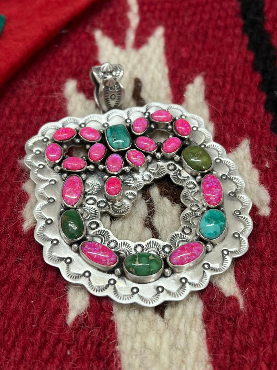 "Christmas Collection" Handmade Sterling Silver Hot Pink with Sonoran Mountain Turquoise Pendant "Signed Nizhoni"