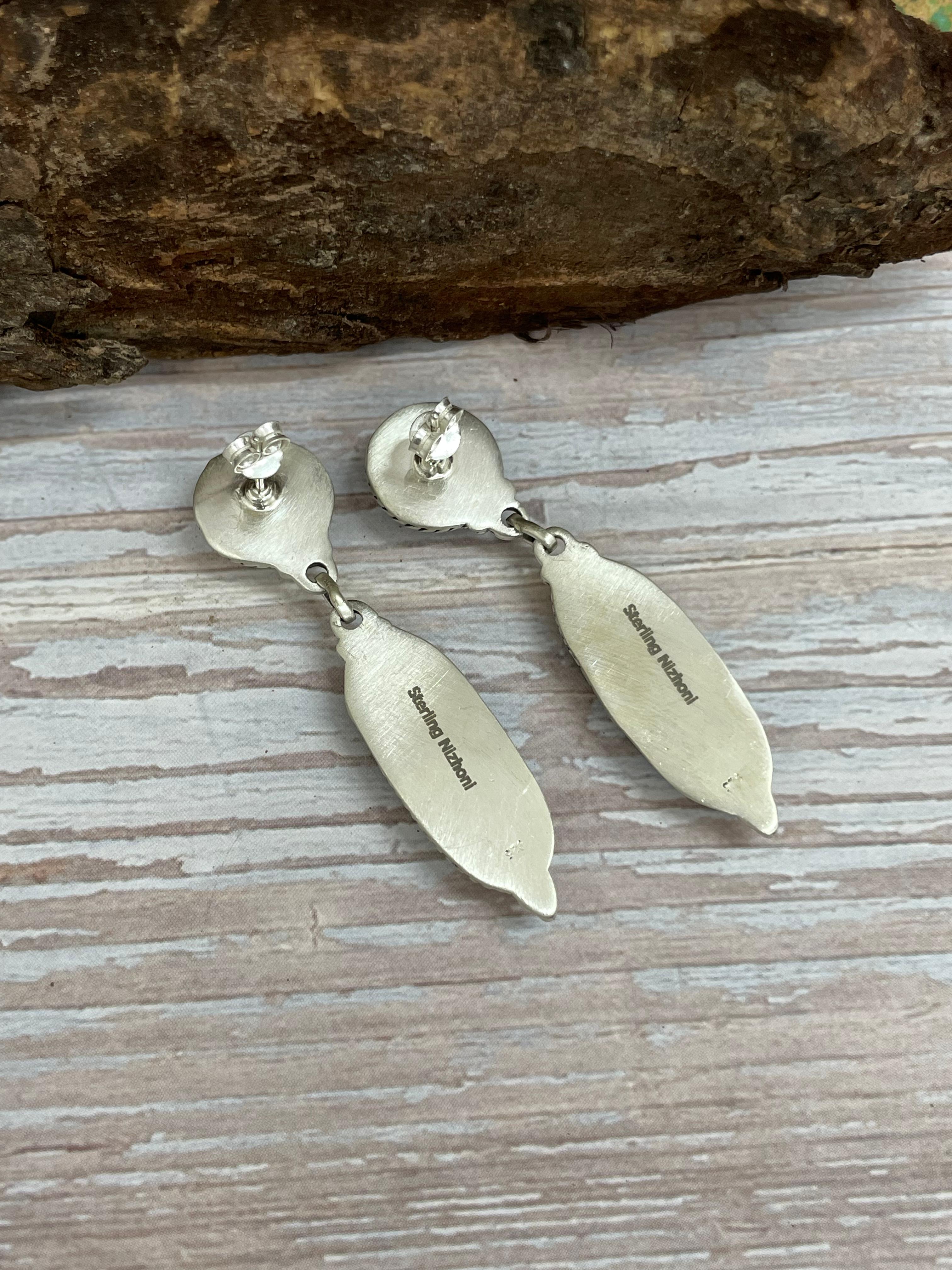 Handmade Sterling Silver Ice Blue Dahlia with Wild Horse Dangle Earrings, Signed Nizhoni