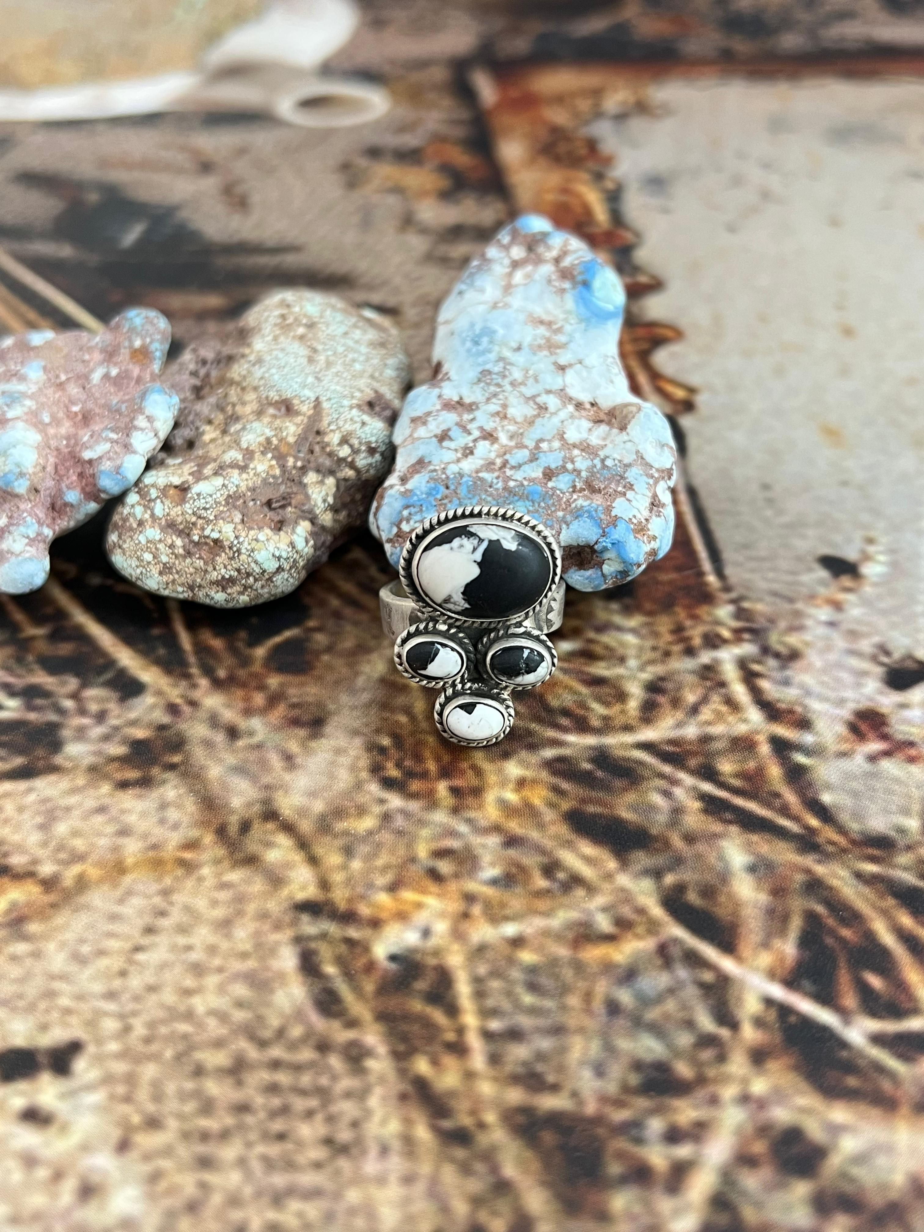 Handmade Sterling Silver White Buffalo Adjustable Ring, Signed Nizhoni