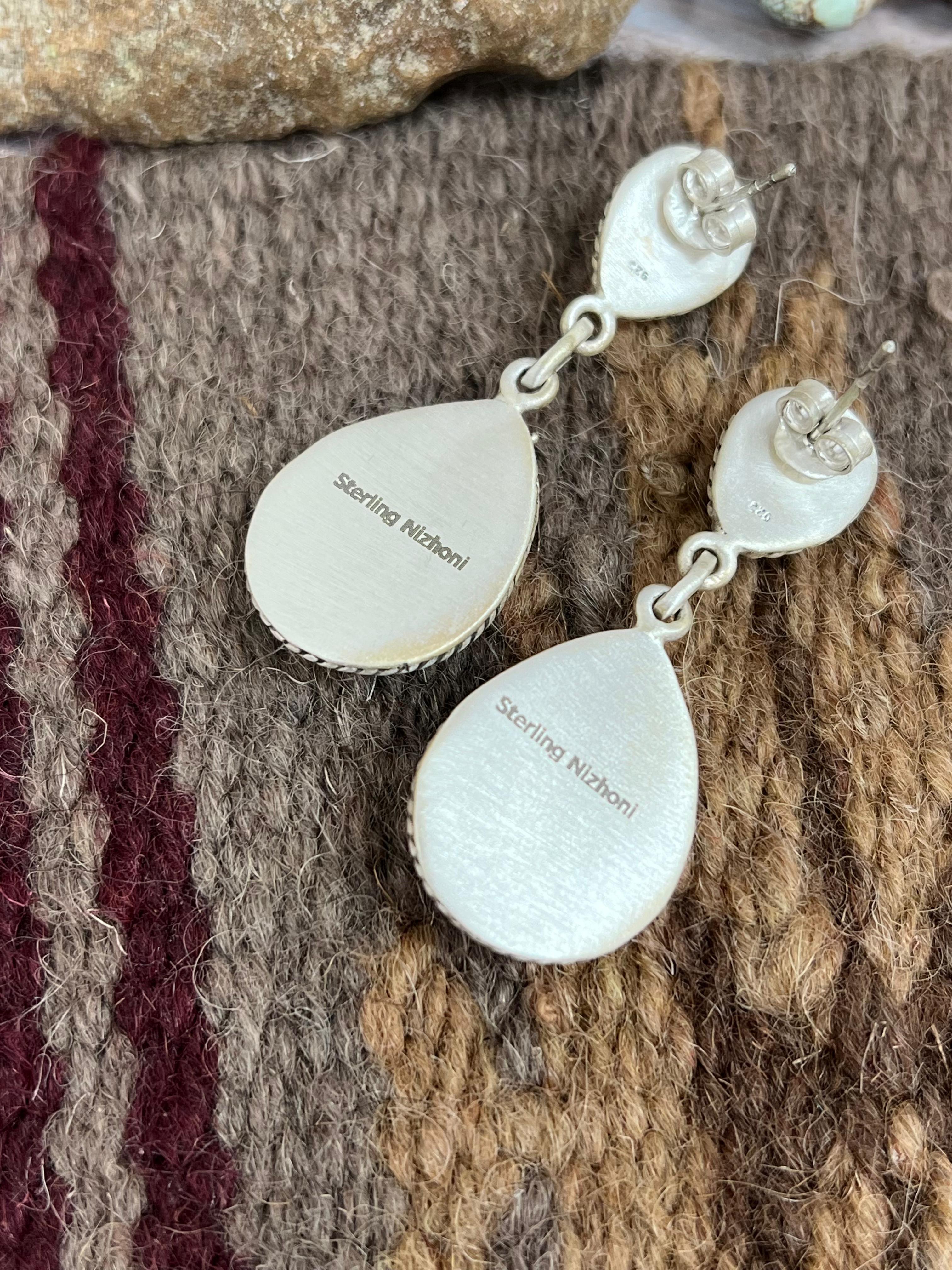 Handmade Sterling Silver Cotton Candy Turquoise Post Dangle Earrings with Signed Nizhoni