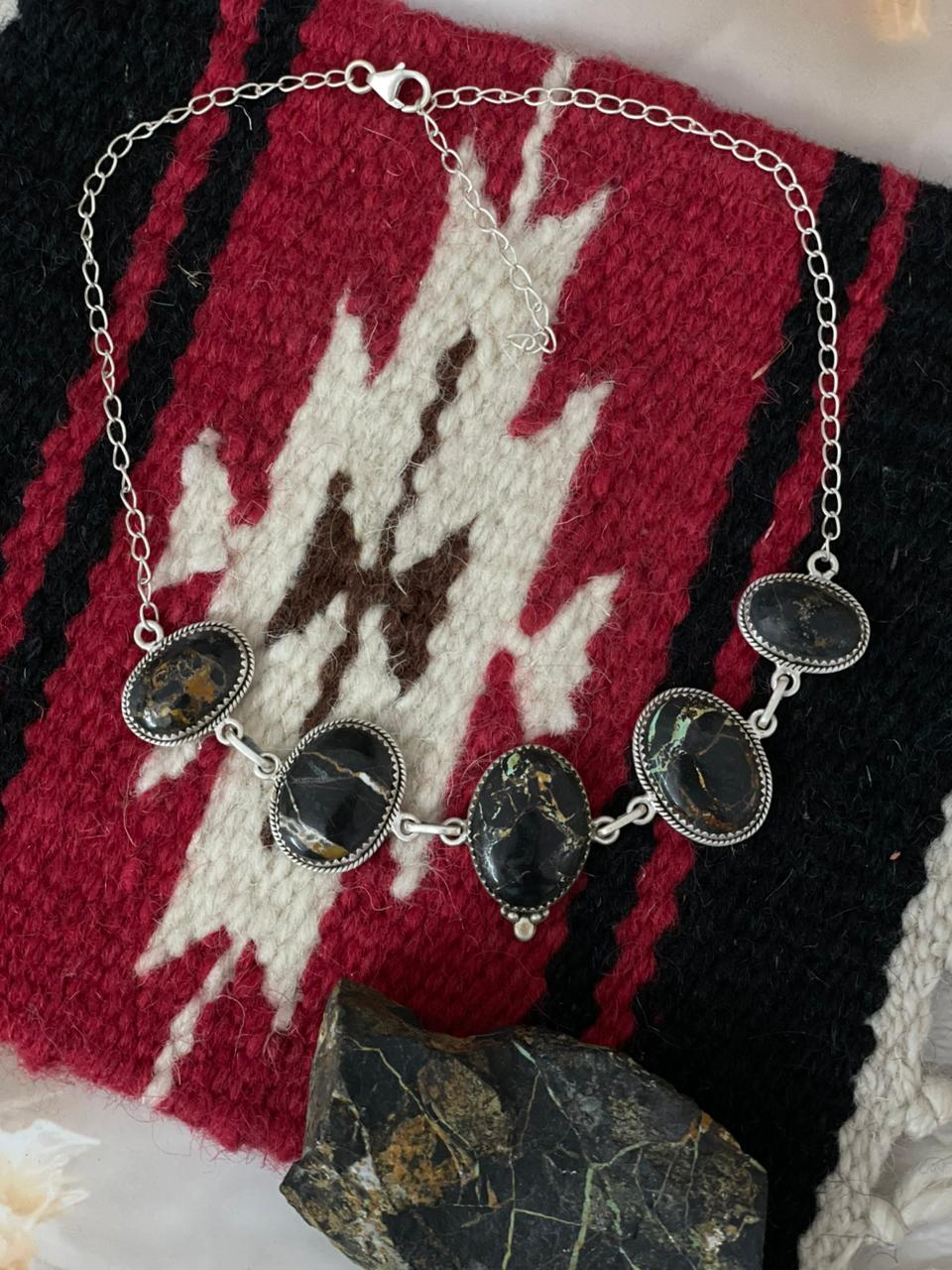 Handmade Sterling Silver Blackjack Turquoise Necklace "Signed Nizhoni"