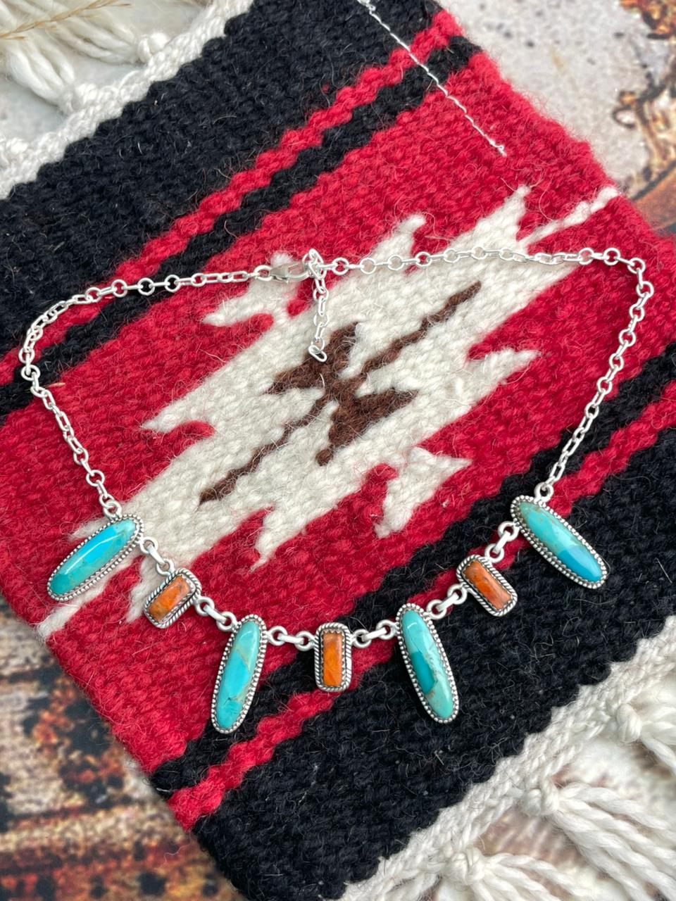 Handmade Sterling Silver Kingman with Orange Mojave Necklace "Signed Nizhoni"