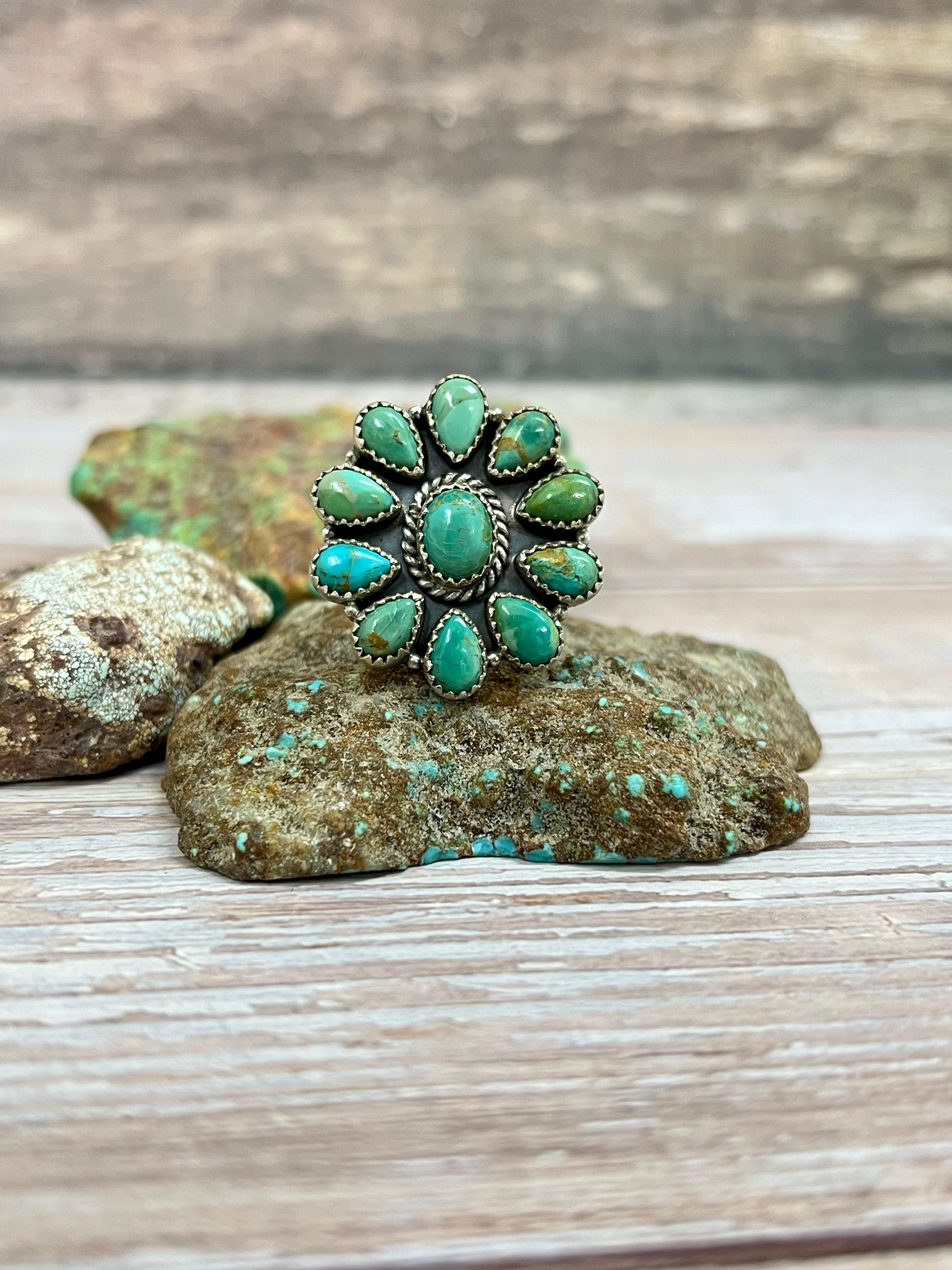 Handmade Sterling Silver Kingman Turquoise Adjustable Ring with Signed Nizhoni