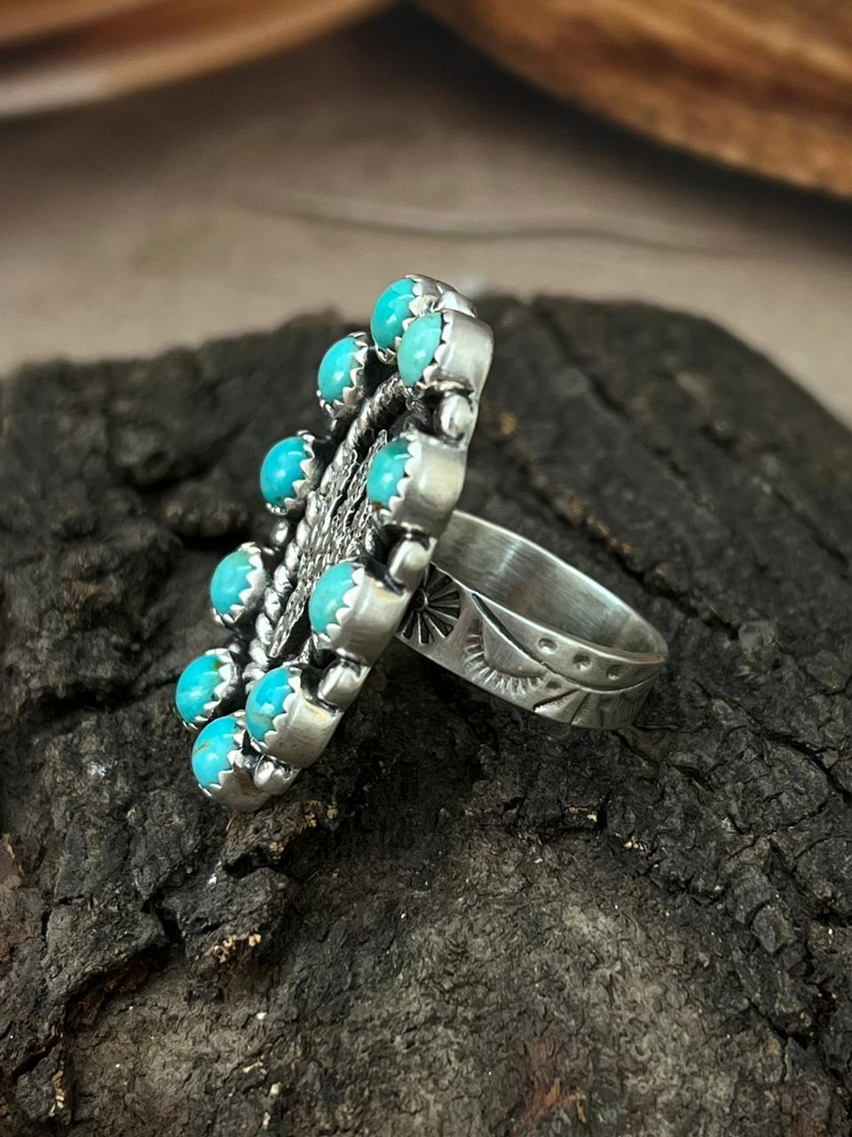 Handmade Sterling Silver Kingman Turquoise Cactus Adjustable Ring "Signed Nizhoni"