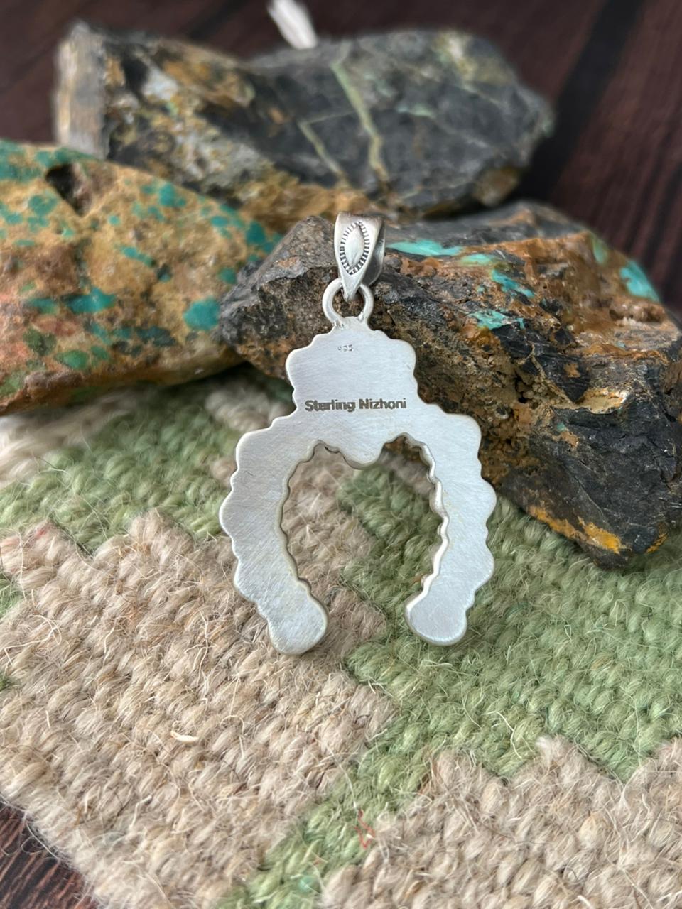 Handmade Sterling Silver Kingman Turquoise Naja Pendant "Signed Nizhoni"