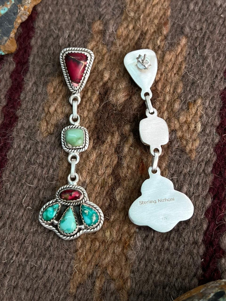 Handmade Sterling Silver Dahlia Rose with Emerald Valley Turquoise Post Earrings "Signed Nizhoni"