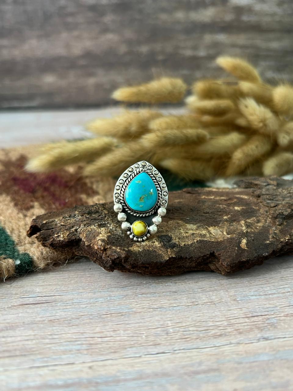 Handmade Sterling Silver Santa Maria with Palomino Turquoise Adjustable Ring "Signed Nizhoni"