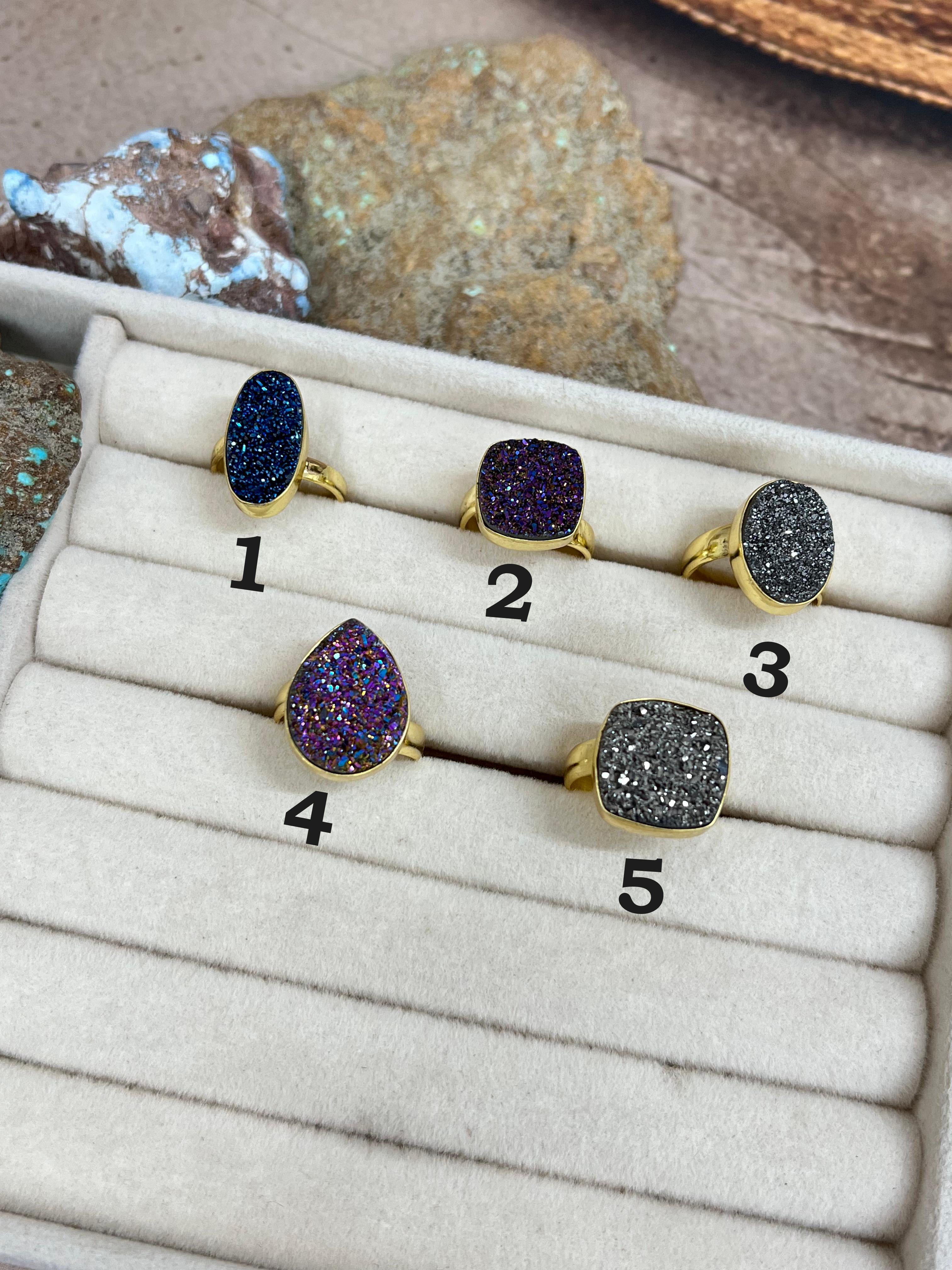 “The Boho Collection” Handmade Natural Druzy Adjustable Ring- 3 Colors