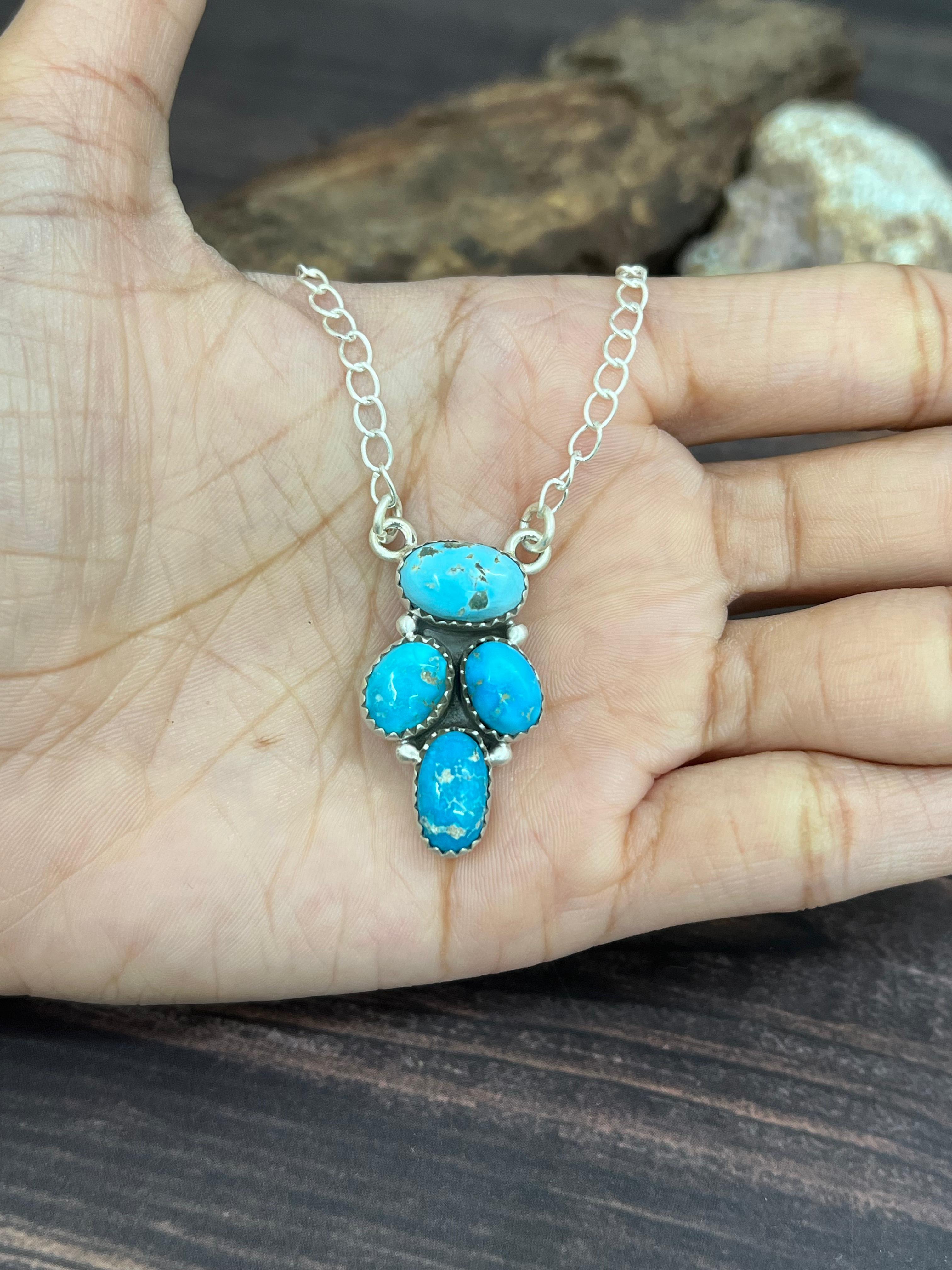 Handmade Sterling Silver Blue Bird Turquoise Necklace with Signed Nizhoni