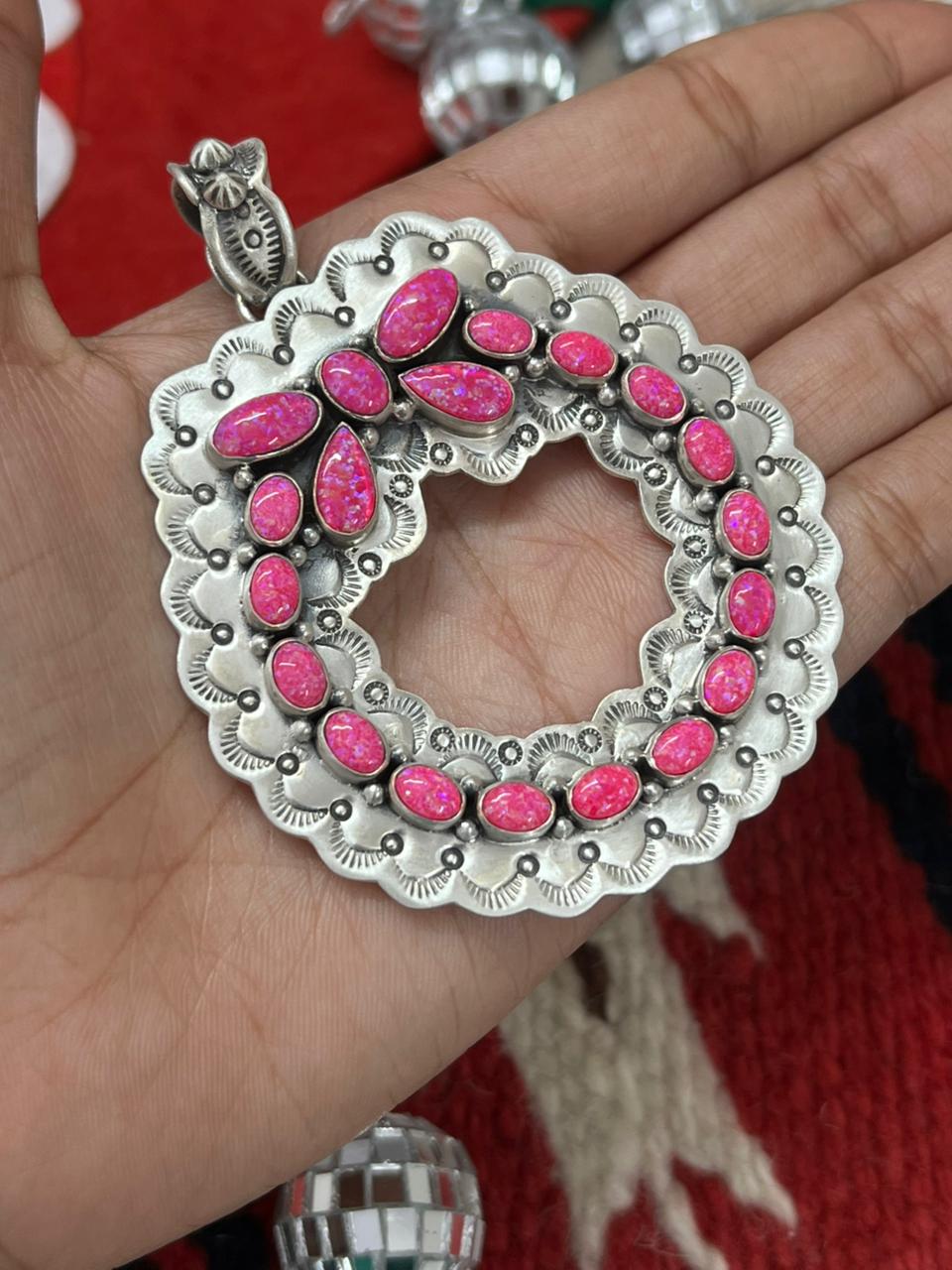 "Christmas Collection" Handmade Sterling Silver Hot Pink Pendant "Signed Nizhoni"