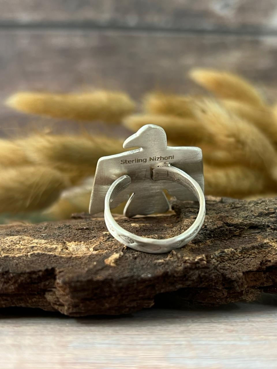 Handmade Sterling Silver Kingman Turquoise Thunder Bird Adjustable Ring "Signed Nizhoni"