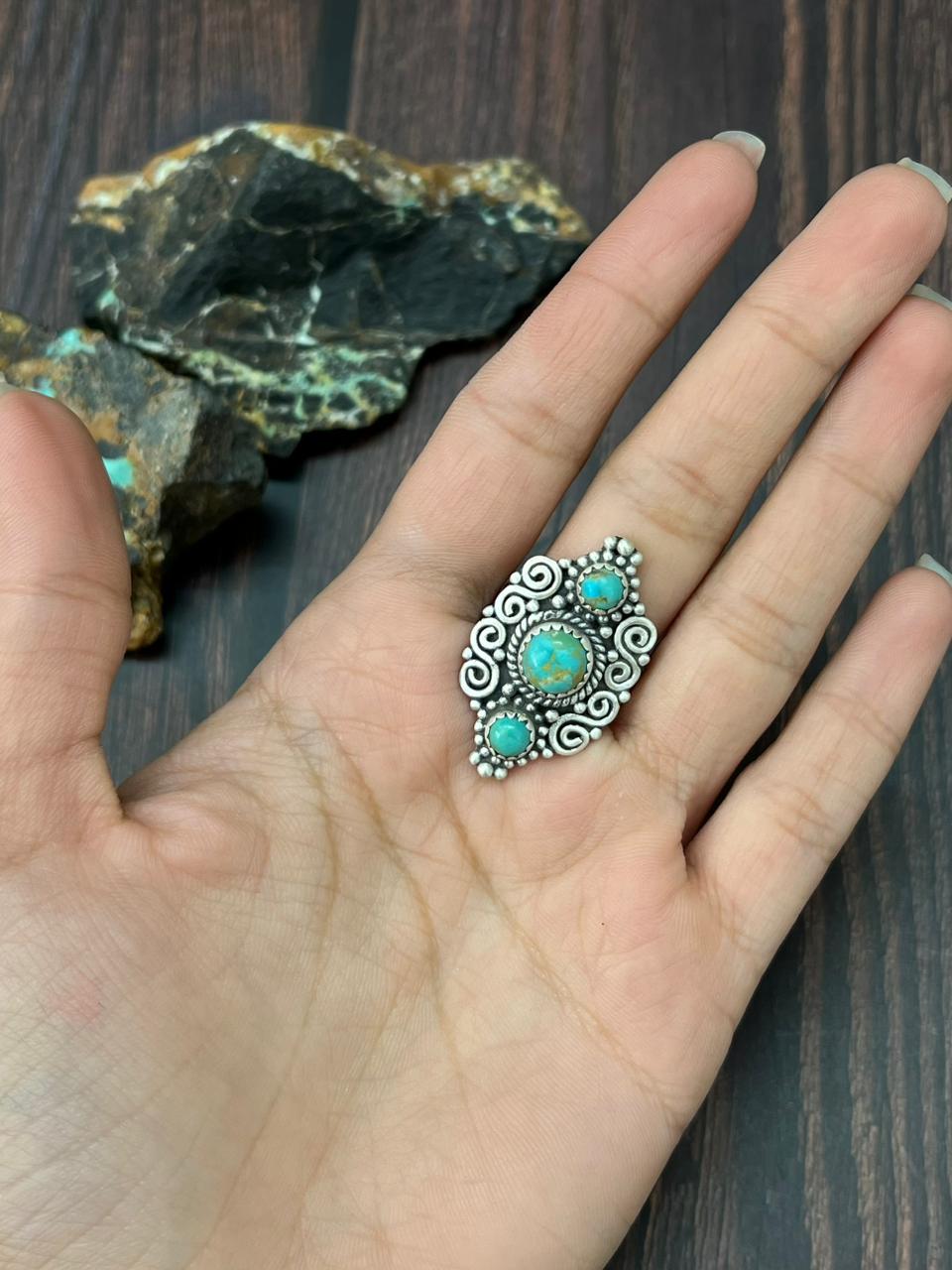 Handmade Sterling Silver Kingman Turquoise Adjustable Ring "Singed Nizhoni" (3)