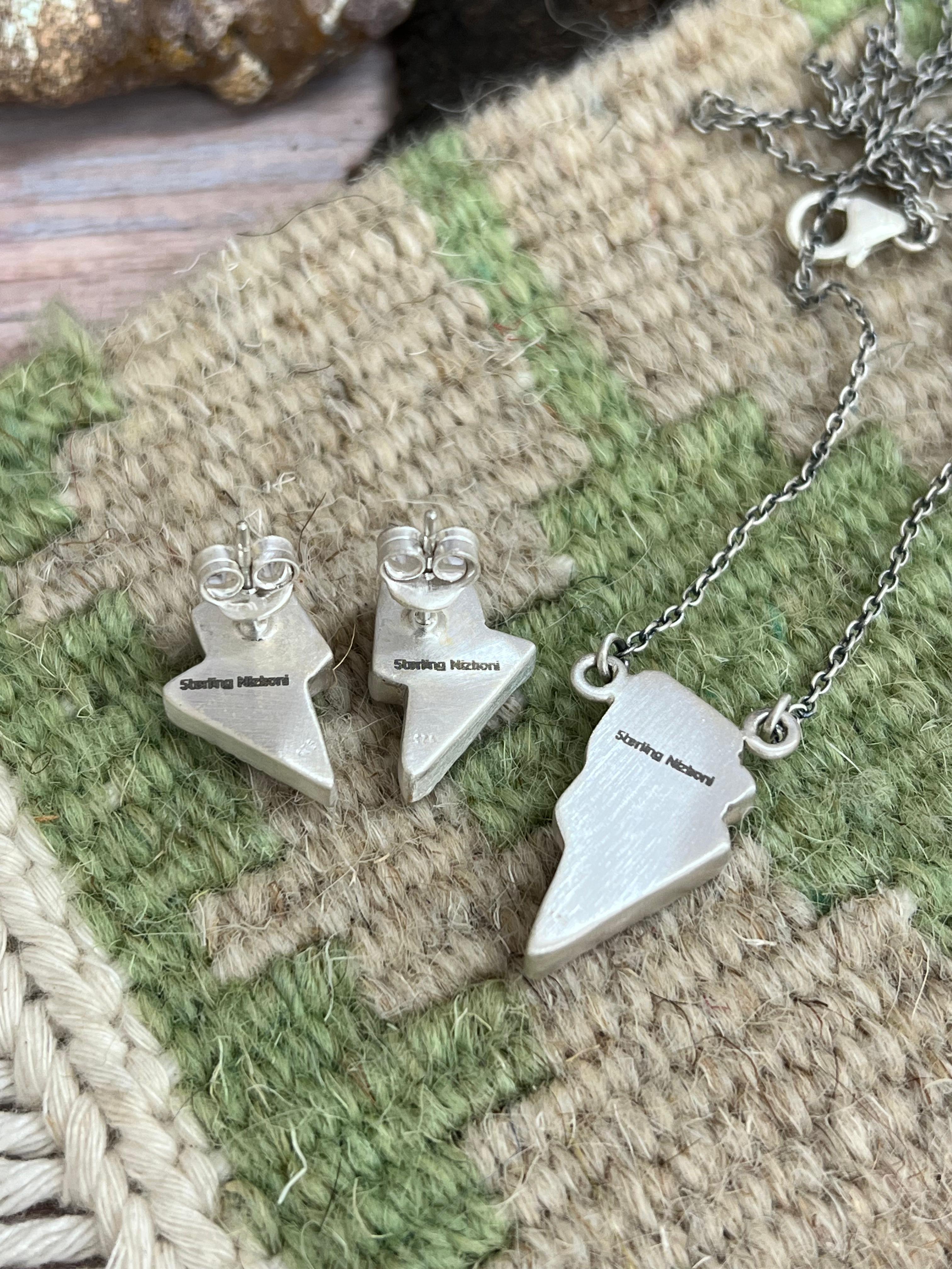 Handmade Sterling Silver Dahlia Rose Lightning Bolt Necklace Earrings Set, Signed Nizhoni (9)