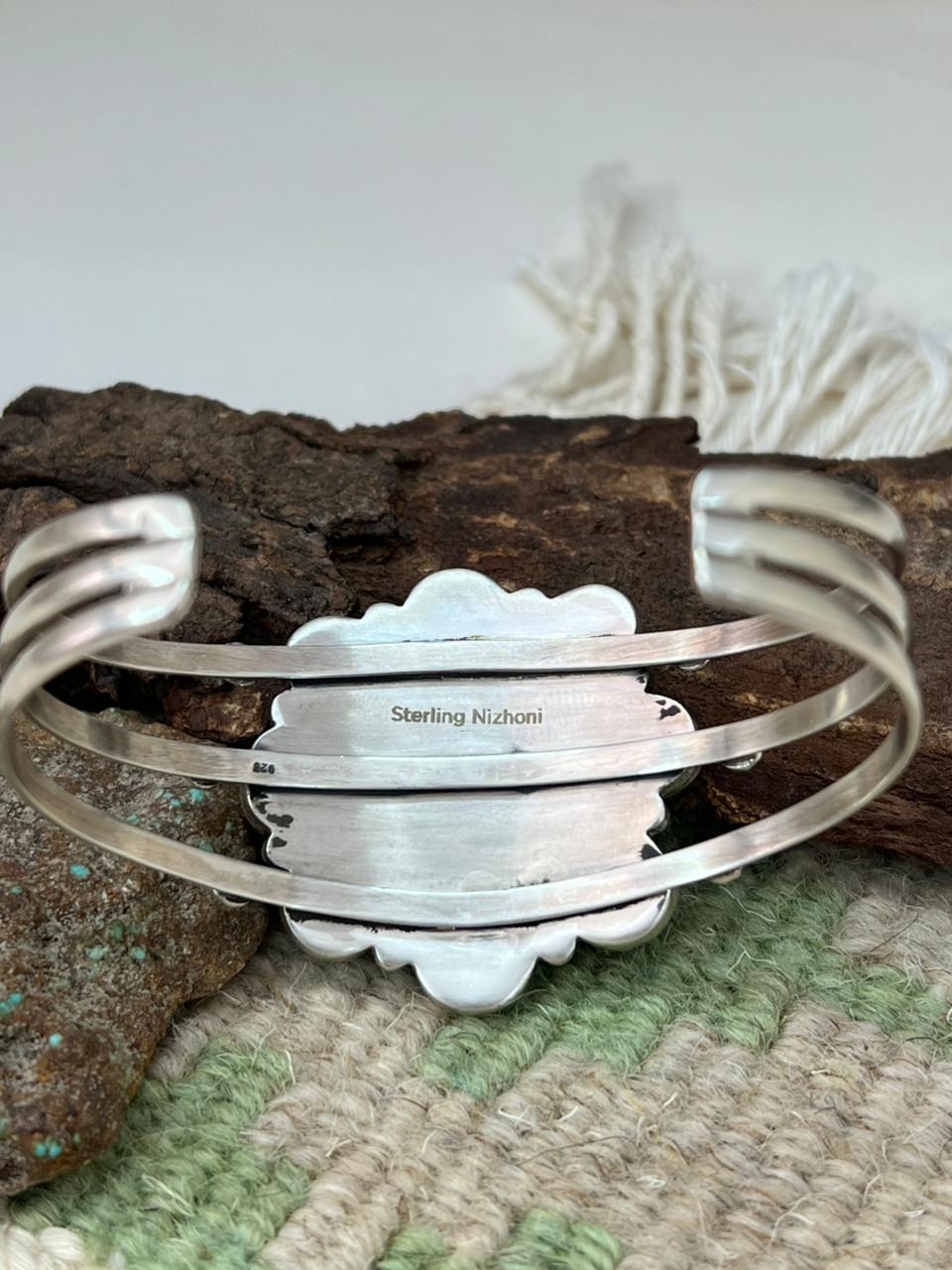 Handmade Sterling Silver Sonoran Mountain with White Water Turquoise Cuff Bracelet "Signed Nizhoni"