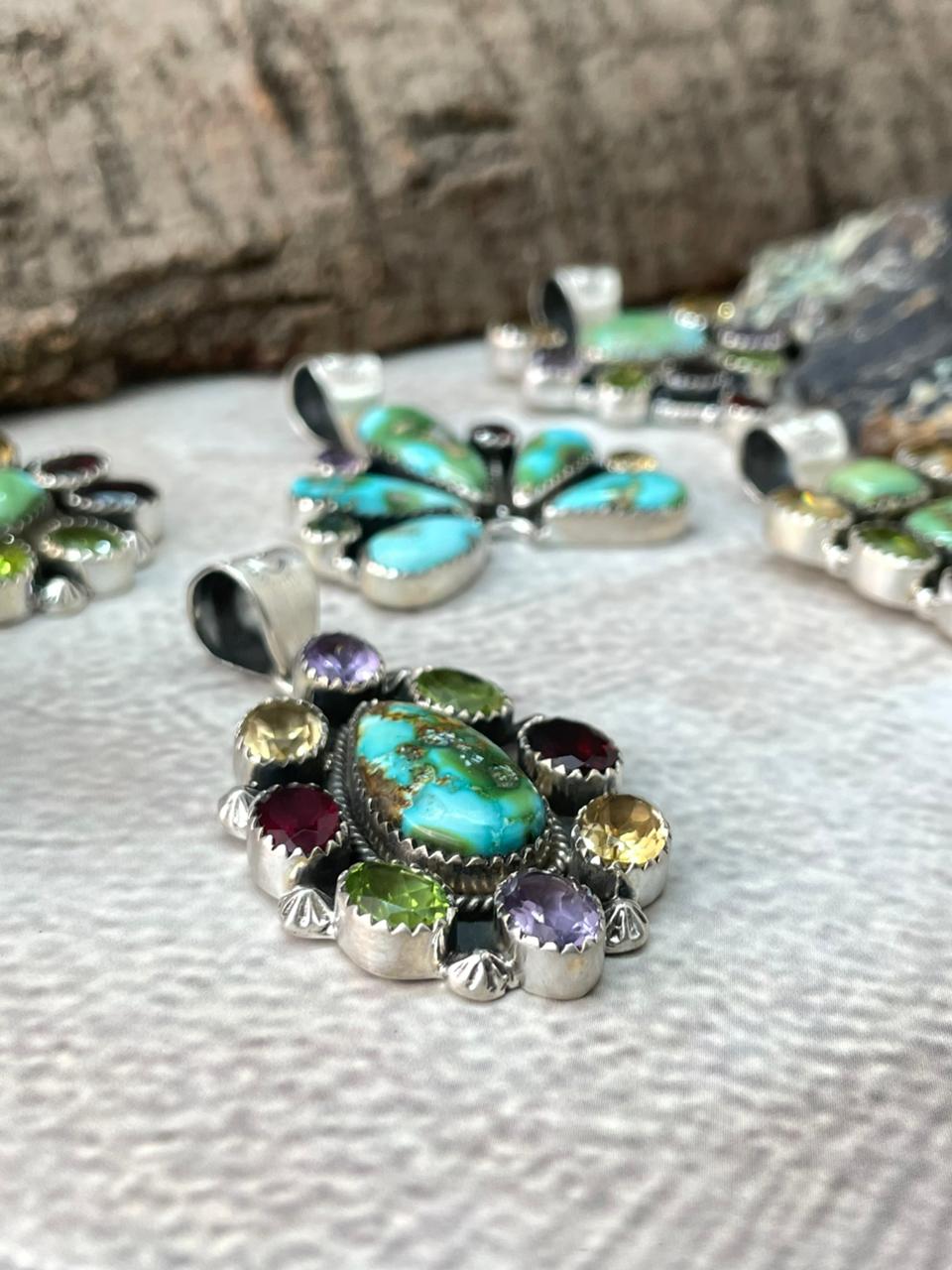Handmade Sterling Silver Sonoran with Cut Stones Pendant "Signed Nizhoni"
