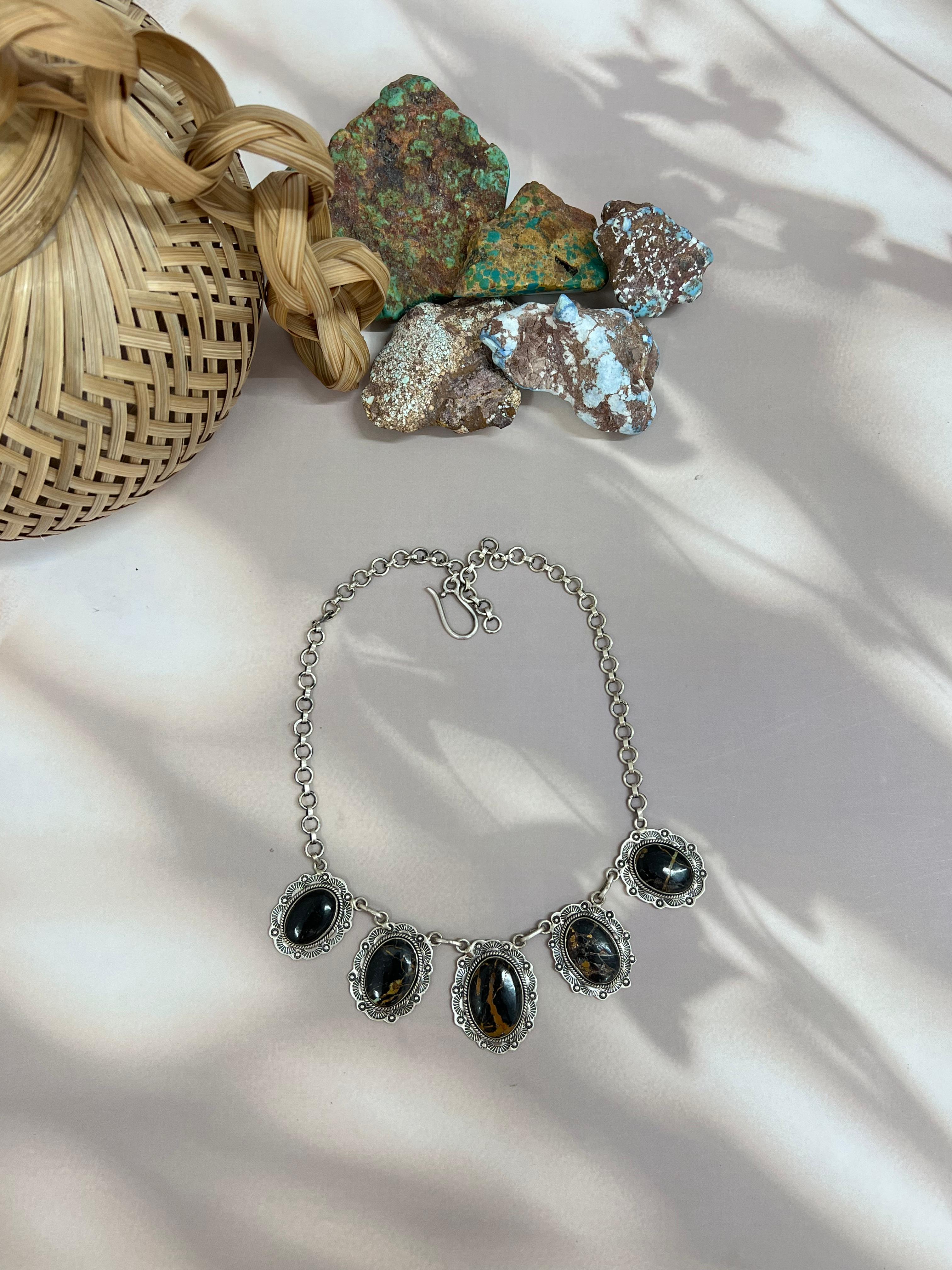 Handmade Sterling Silver Blackjack Turquoise Choker Necklace Signed Nizhoni