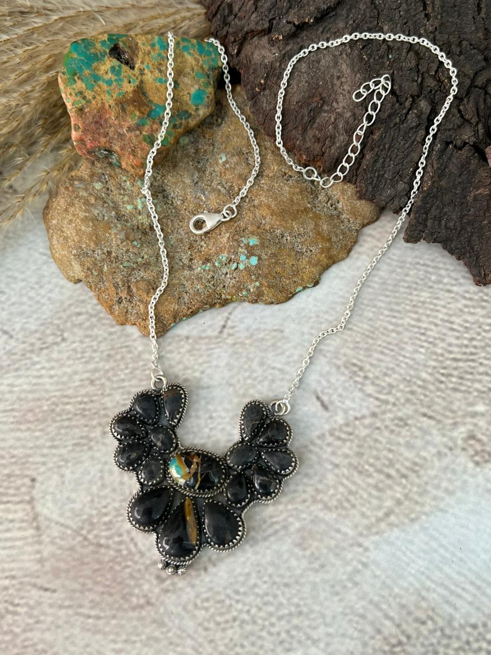 Handmade Sterling Silver Blackjack Turquoise Necklace "Signed Nizhoni"