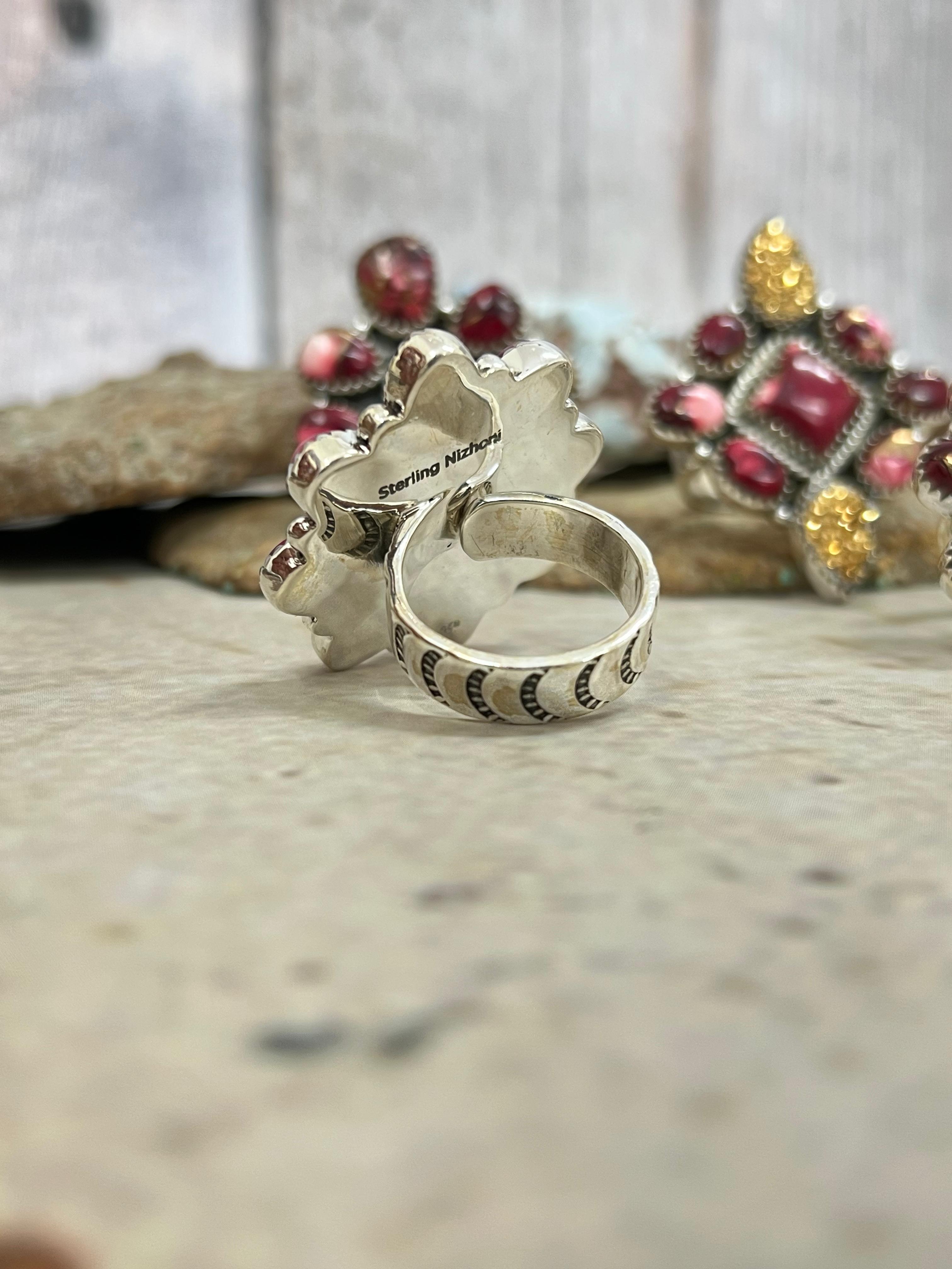 Handmade Sterling Silver Dahlia Rose with Druzy Adjustable Ring with Signed Nizhoni