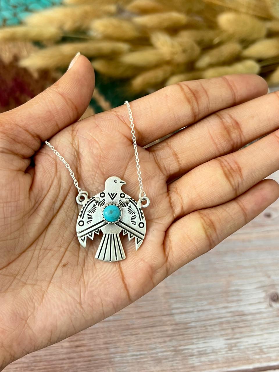 Handmade Sterling Silver Kingman Turquoise Thunder Bird Necklace "Signed Nizhoni"