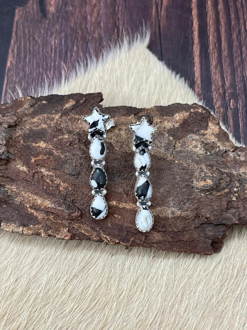 Handmade Sterling Silver White Buffalo Post Earrings "Signed Nizhoni"